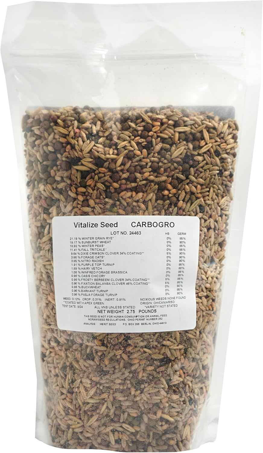 Vitalize Seed Carbogro Fall No-Till Cover Crop Seed Mix | 16 Premium Species - Perfect Blend of Grains, Brassica & Clovers | Enhances Soil Biology, Nutrient Scavenging & Winter Survival - 2.75 Pounds