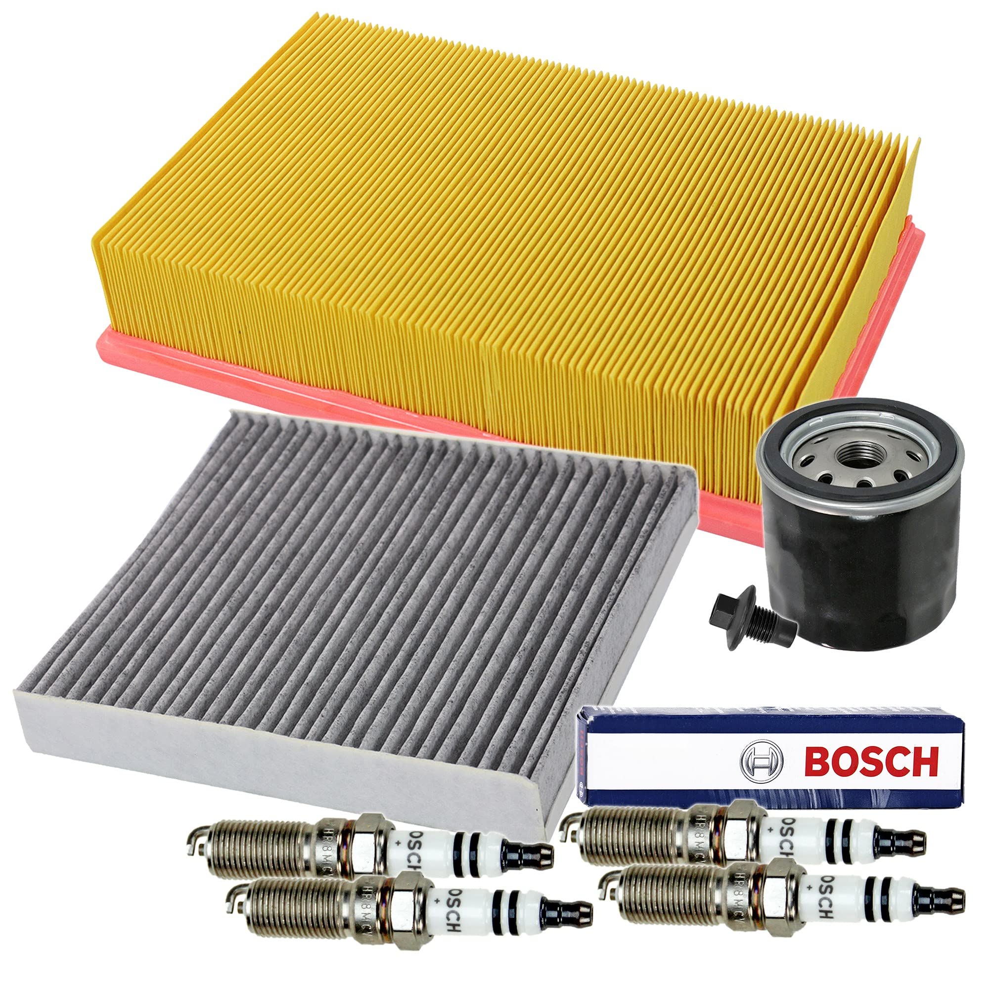 Inspektionspaket SET C 1x Ölfilter 1x Luftfilter 1x Innenraumfilter (Pollenfilter) mit Aktivkohle 4x Zündkerze Super plus HR8MCV+ 1x Ölablass-Schraube 1x Dichtring für Ölablass-Schraube