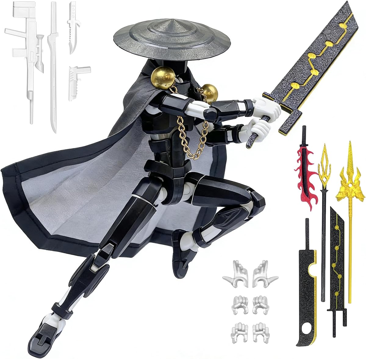 Robo 13 3D Printed Action Figure, Assembly Completed Lucky Figure Toy | Posebility Dummy Figure with Cloak & Weapons, No Assembly Needed, Upgraded Joint Design for Heavy Play, Black White
