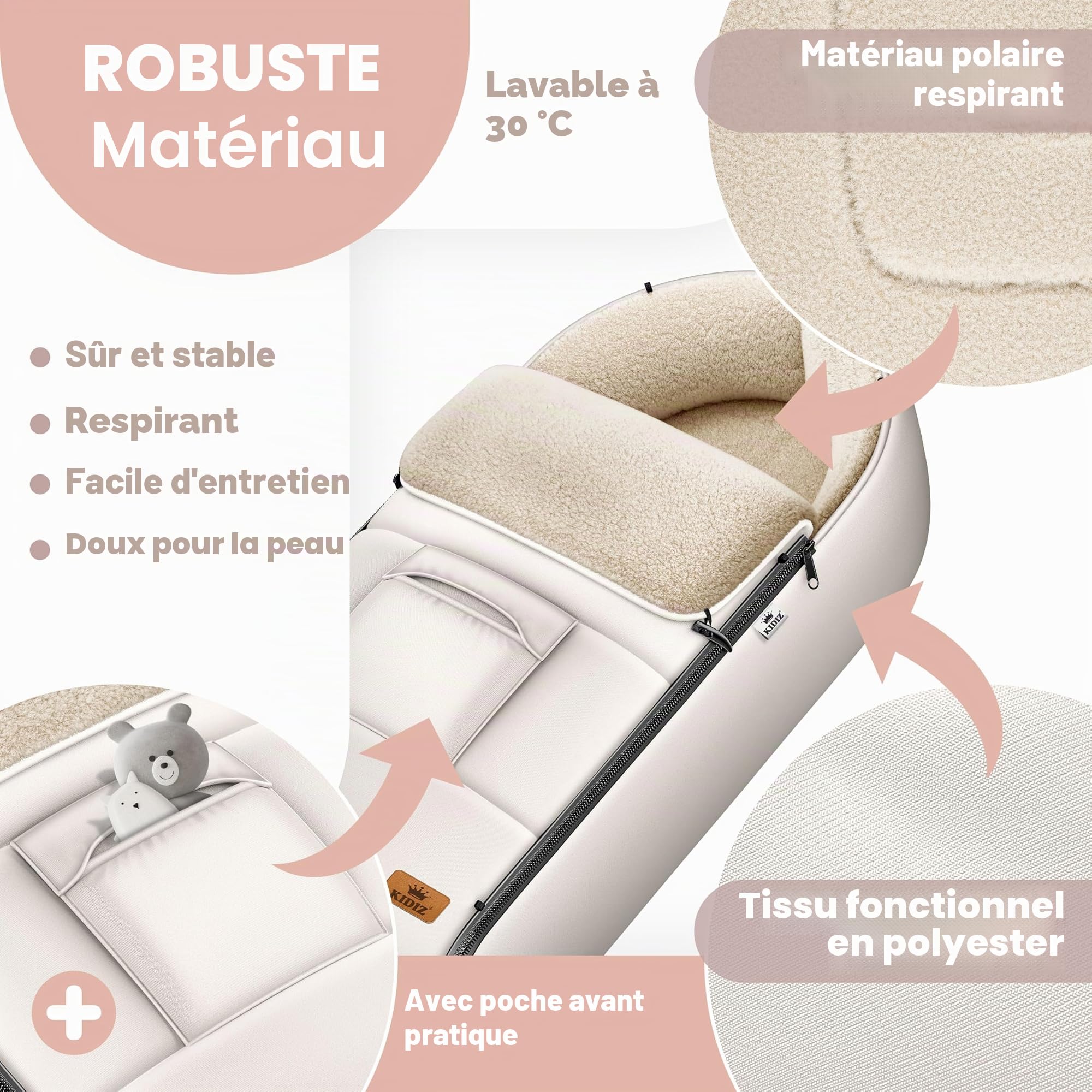 KIDIZ® Chancelière pour Bébé Chancelière d'hiver avec Fermeture à Glissière Couverture pour Bébé Poussette Lavable Tête Fermable, Poche, Adaptable à Toutes les Poussettes - Beige