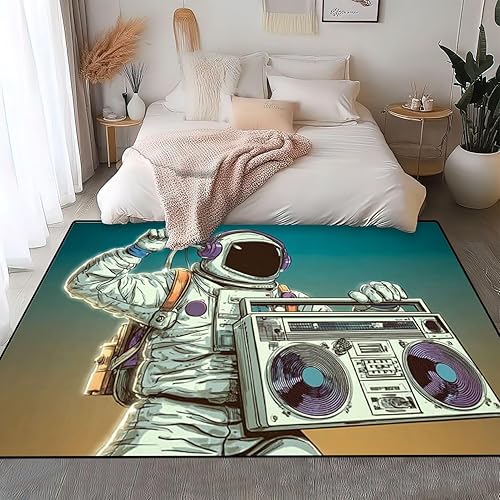 Miniatura 5 de Alfombra lavable de astronauta, Boombox, audio y música, arte retro, de 6 x 9 pies, alfombra grande antideslizante que no desprende pelusa, alfombra