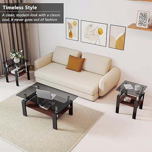 Miniatura 20 de Juego de 3 mesas auxiliares de cristal para sala de estar, mesa auxiliar de sofá con almacenamiento, patas de metal negro, mesa central rectangular