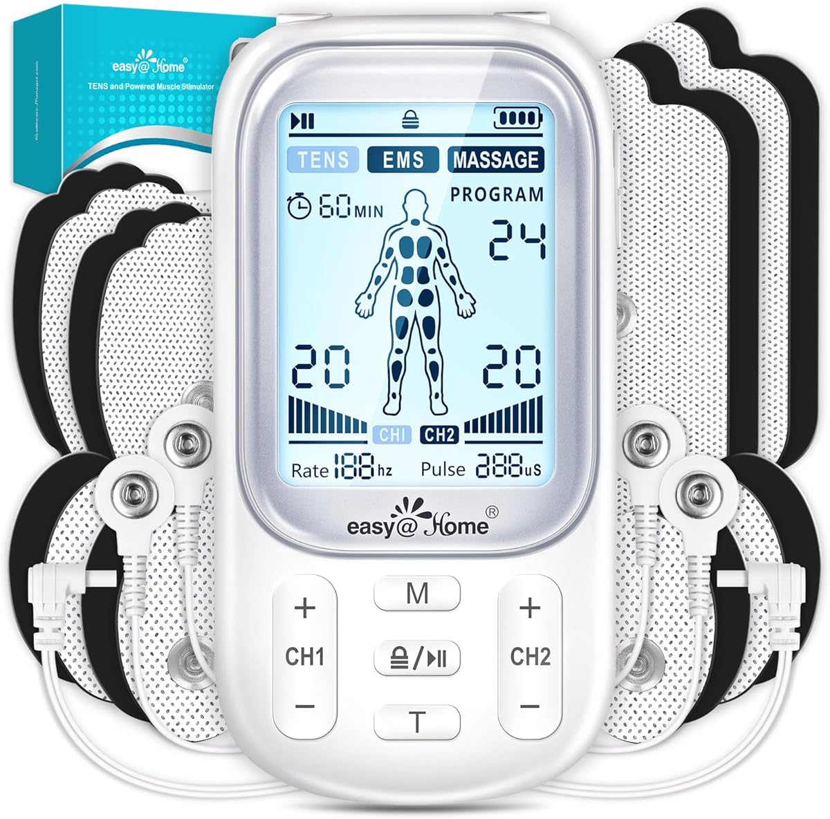 Easy@Home Electronic TENS Unit: Pain Relief Therapy - EMS Pulse Massager Rechargeable Machine - Dual Channel 24 Modes 20 Intensities 16 Pads TENS and Powered Muscle Stimulator EHE020