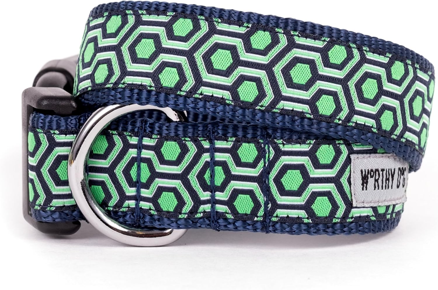 THE WORTHY DOG Collar for Small Dogs, Adjusts 9-15 inches, Durable Nylon Webbing, Quick Release Buckle, Hexagon Pattern, Navy, Small