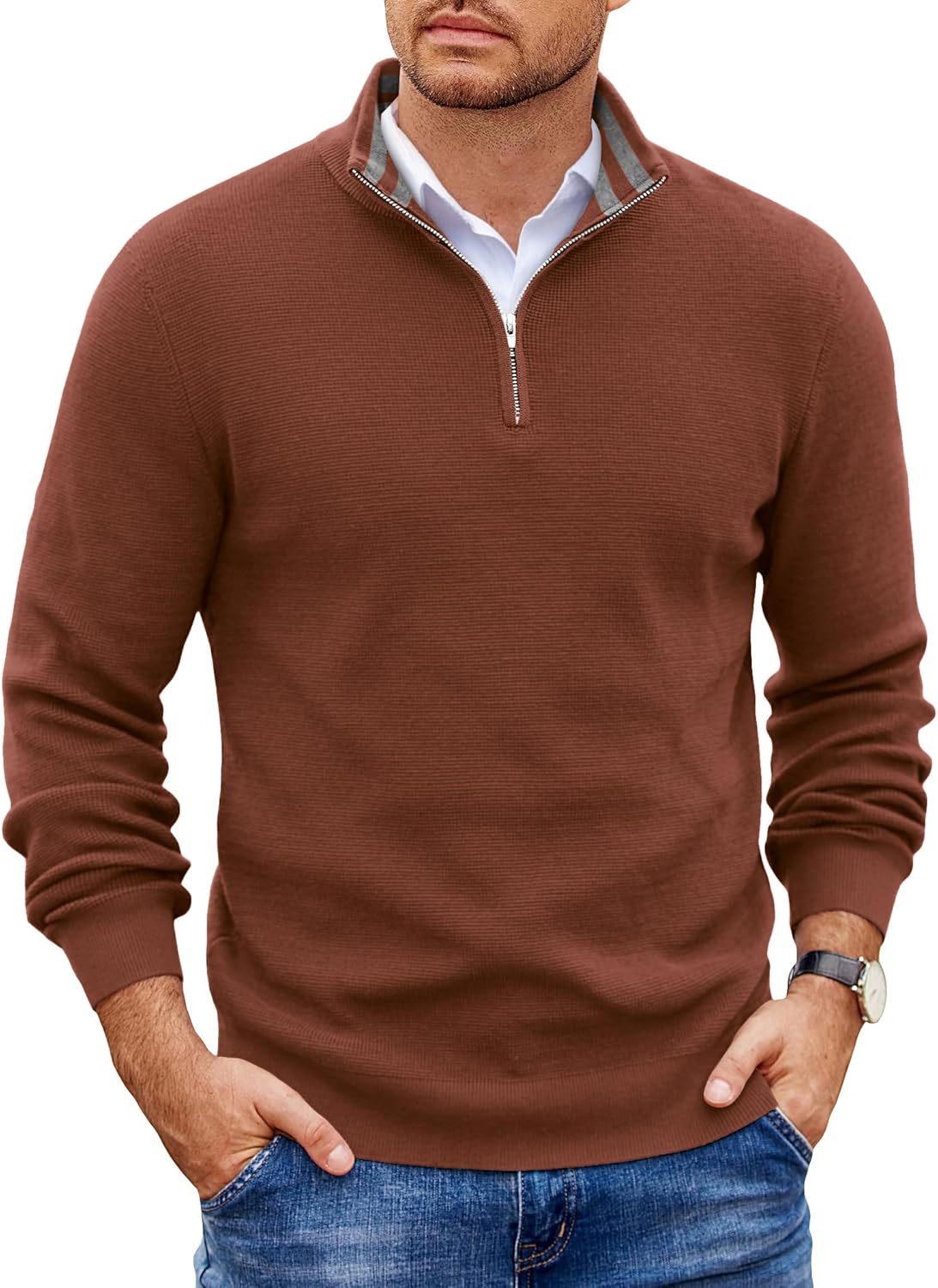 COOFANDY Mens Quarter Zip Pullover Slim Fit Lightweight Sweater Casual Mock Neck Knit Polo Sweater