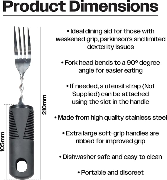 Aidapt Easy Grip Bendable Fork.Large Ribbed Handle,Slot for Wrist Strap,90 deg Angle Bend,Great for Users with Limited Mobility,Weakened Grip,Parkinsons,Stroke,Disabled,Poor Dexterity,Dishwasher Safe