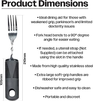 Aidapt Easy Grip Bendable Fork.Large Ribbed Handle,Slot for Wrist Strap,90 deg Angle Bend,Great for Users with Limited Mobility,Weakened Grip,Parkinsons,Stroke,Disabled,Poor Dexterity,Dishwasher Safe