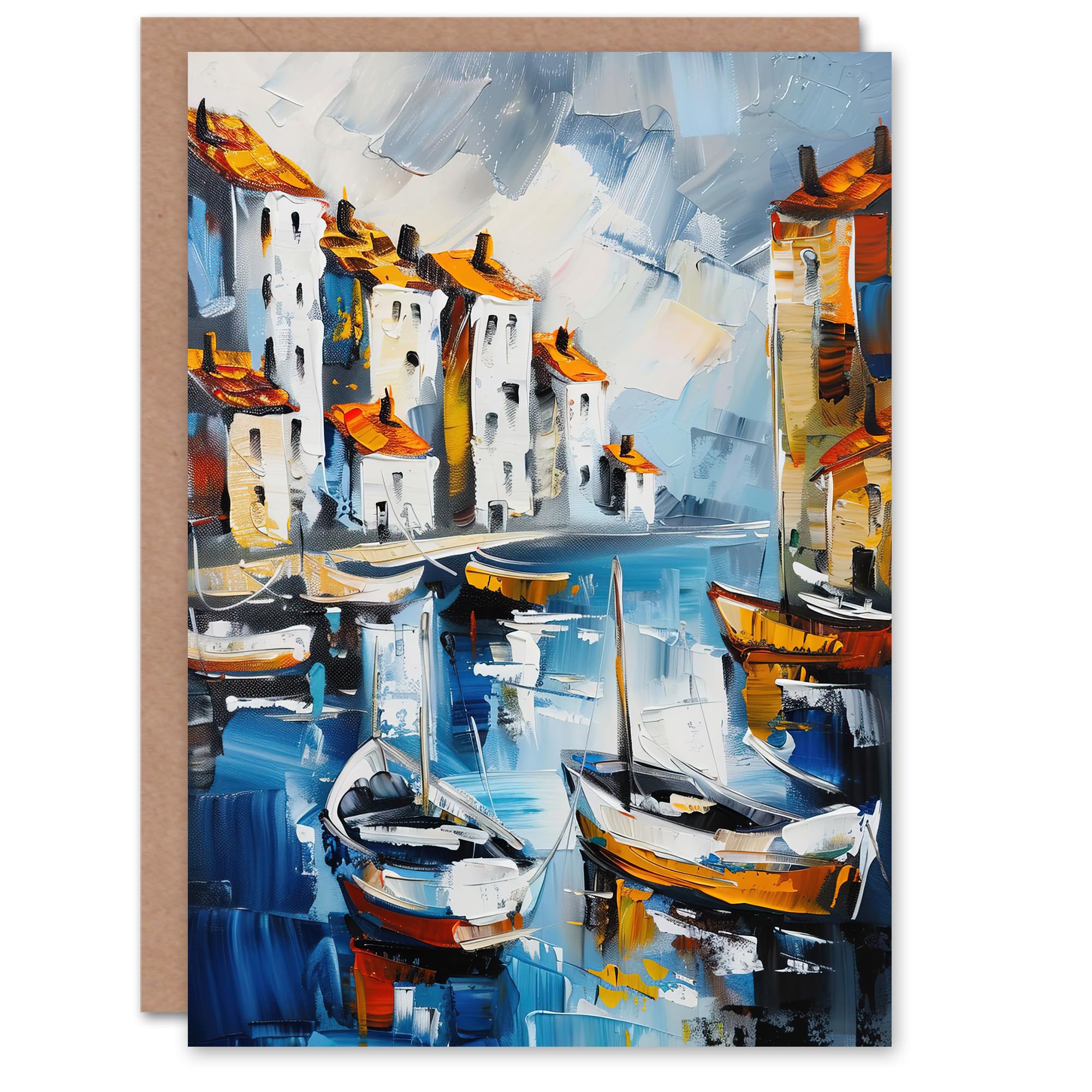 Artery8 Boats in Harbor Fishing Town Coastal Townscape Greeting Birthday Card Him Her All Blank