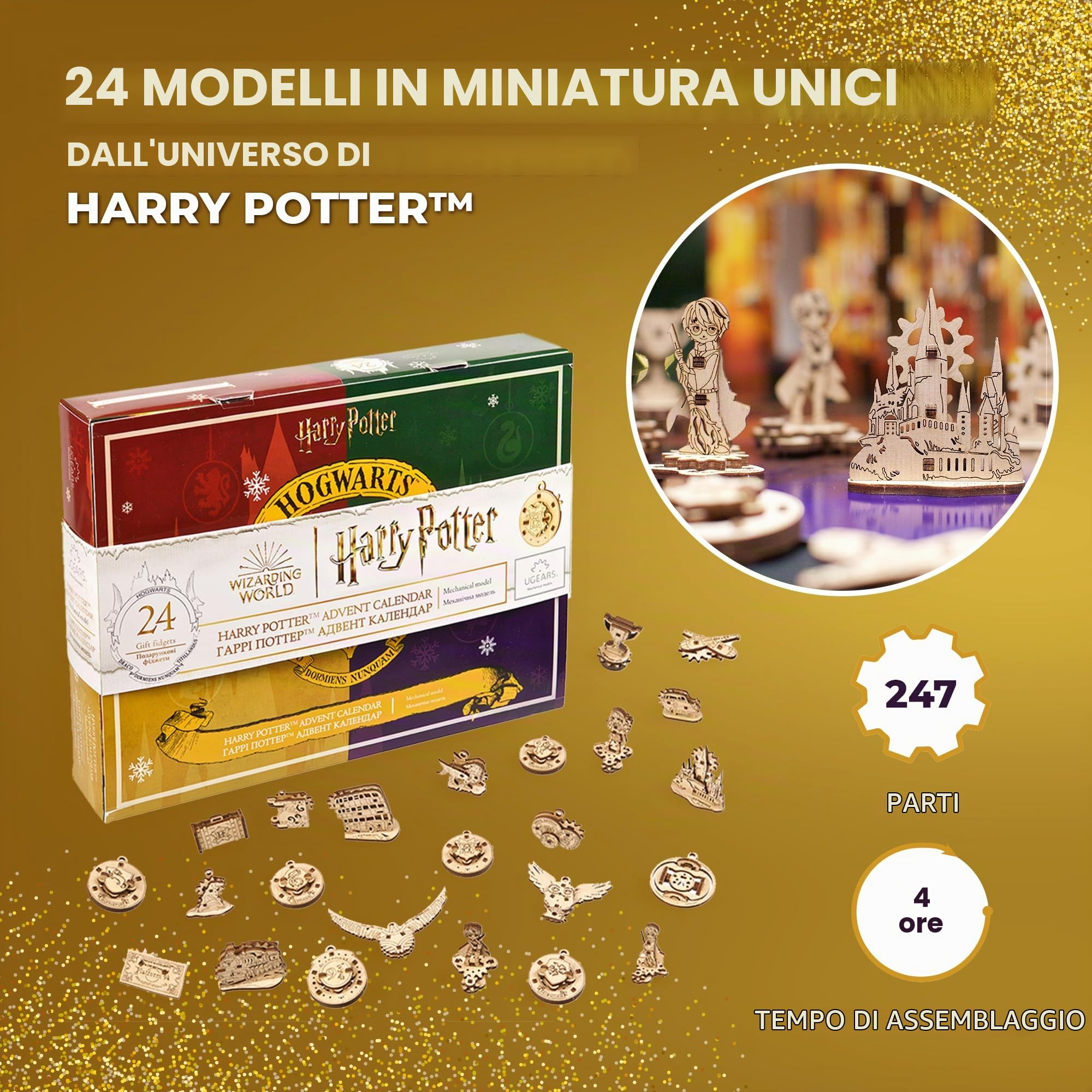 Ugears Calendario Avvento 2023 Harry Potter - Puzzle 3D Legno Modellini Calendario Dell'avvento di Natale con 24 Modellini in Legno da Costruire Include Decorazioni per L'albero di Natale