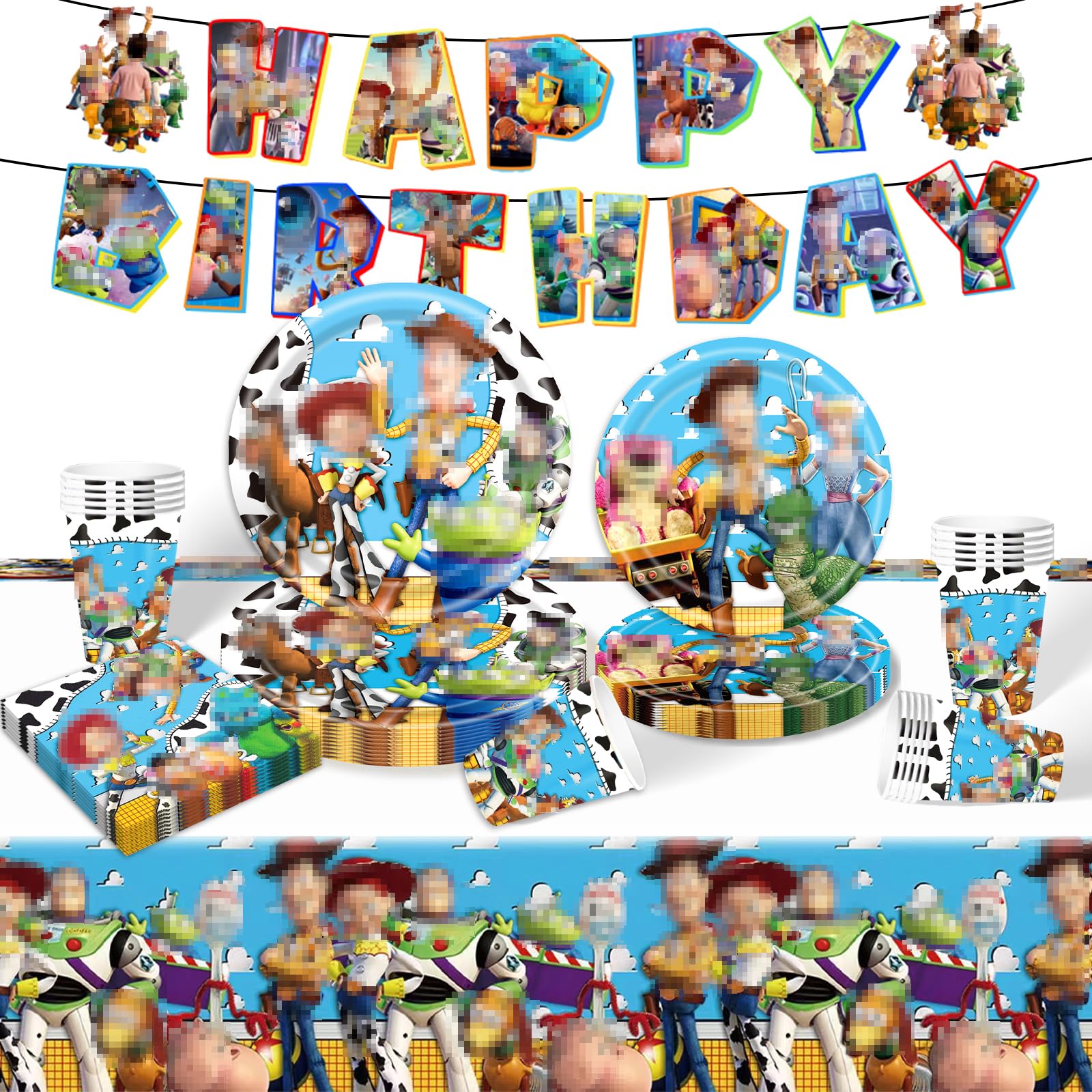 Birthday Party Tableware Kids- 52PCS Toy Birthday Party Decorations Cartoon Themed Party Favor Supplies Paper Plates Cups Napkins Tablecloth for Boys Girls Baby Showers Deco