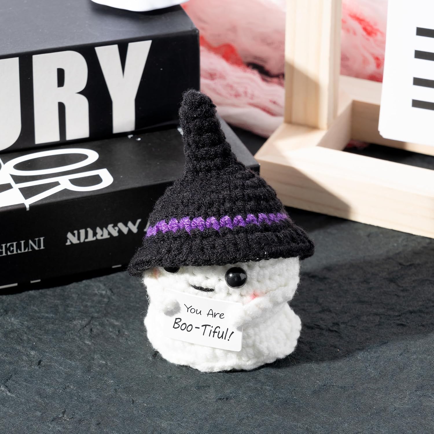 Halloween Ghost Handmade Positive Crochet with Inspirational Card Emotional Support Wool Ornaments Mini Positive Knitted Crochets Doll Desk Decorations Funny Gifts for Women Men 2.7 x 1.9 in image 4