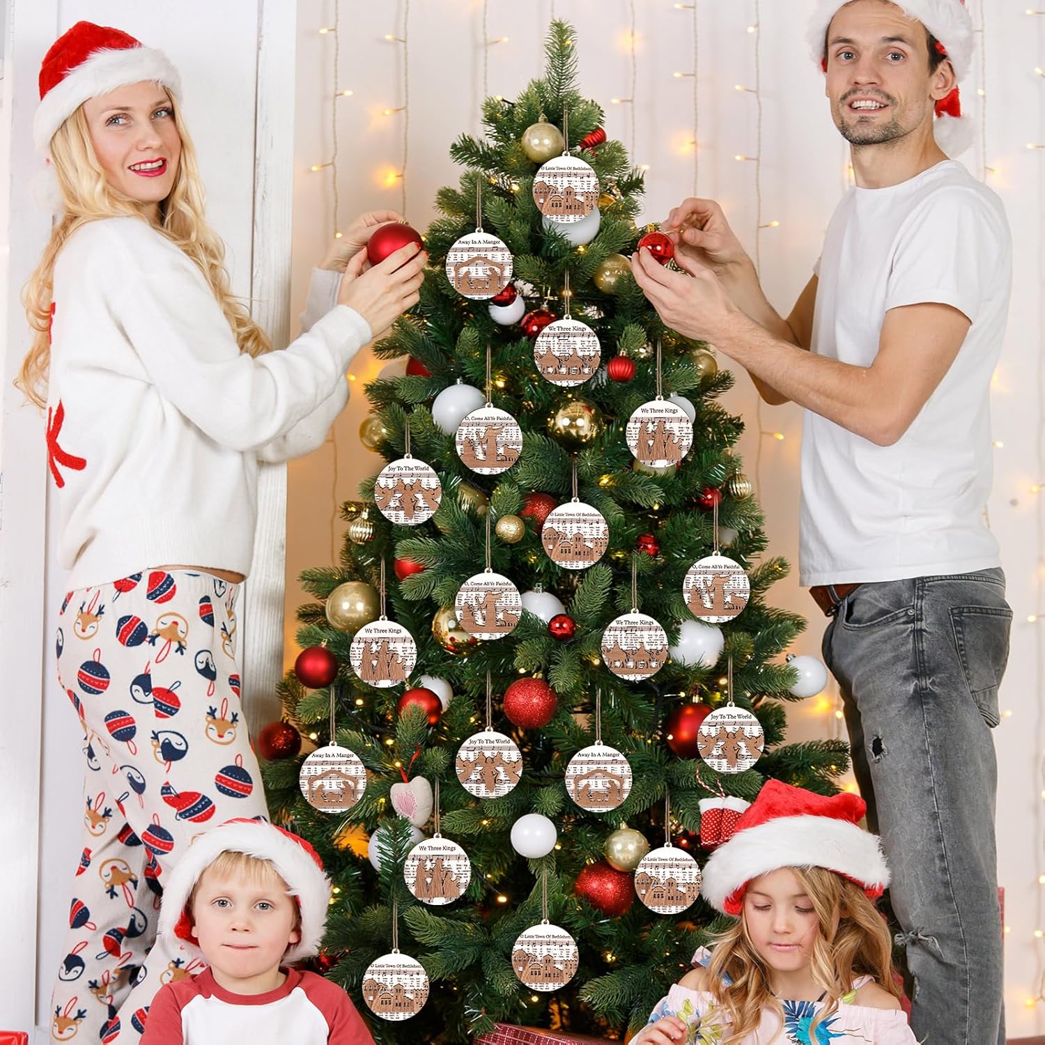 Shellwei 24 Pcs 2026 Christmas Nativity Scene Story Wooden Ornaments Gift Set Bulk Christian Music Sheet Manger Scene Nativity Religious Xmas Song 3D Hanging Ornaments Gift for Family(Delicate) - Image 4