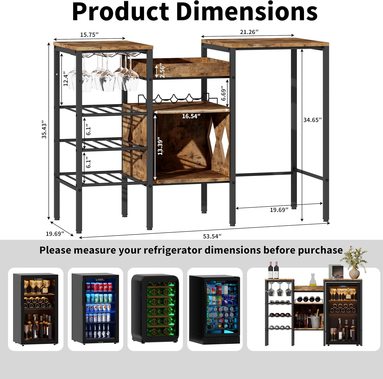 Detailed product dimensions of the Loomie Mini Fridge Cabinet Stand.