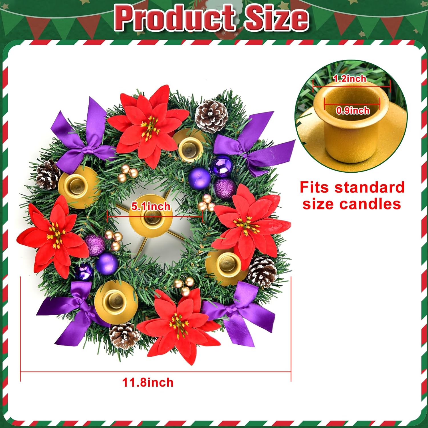 12 Inch Christmas Advent Wreath 5 Candle Holder with Metal Candle Cups for Taper Candles Fire Retardant Centerpiece Decorations for Table Indoor Home Church(No Candles)