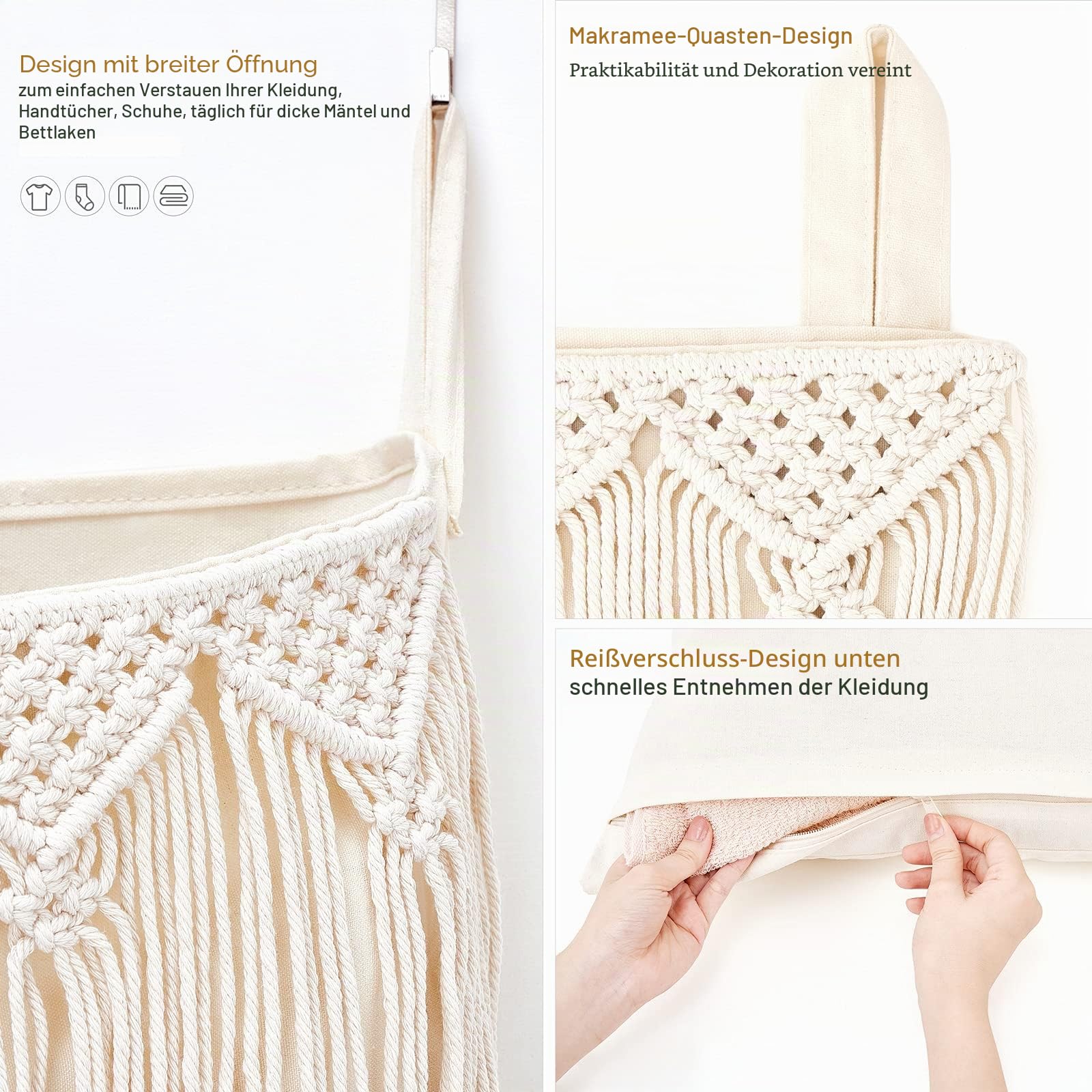 Mkono Makramee hängt Wäschekorb über die Türtasche Korb Platzsparend, Boho Wäschetasche Hängekorb Organizer für schmutzige Kleidung, für College Schlafsaal Badezimmer Home Travel