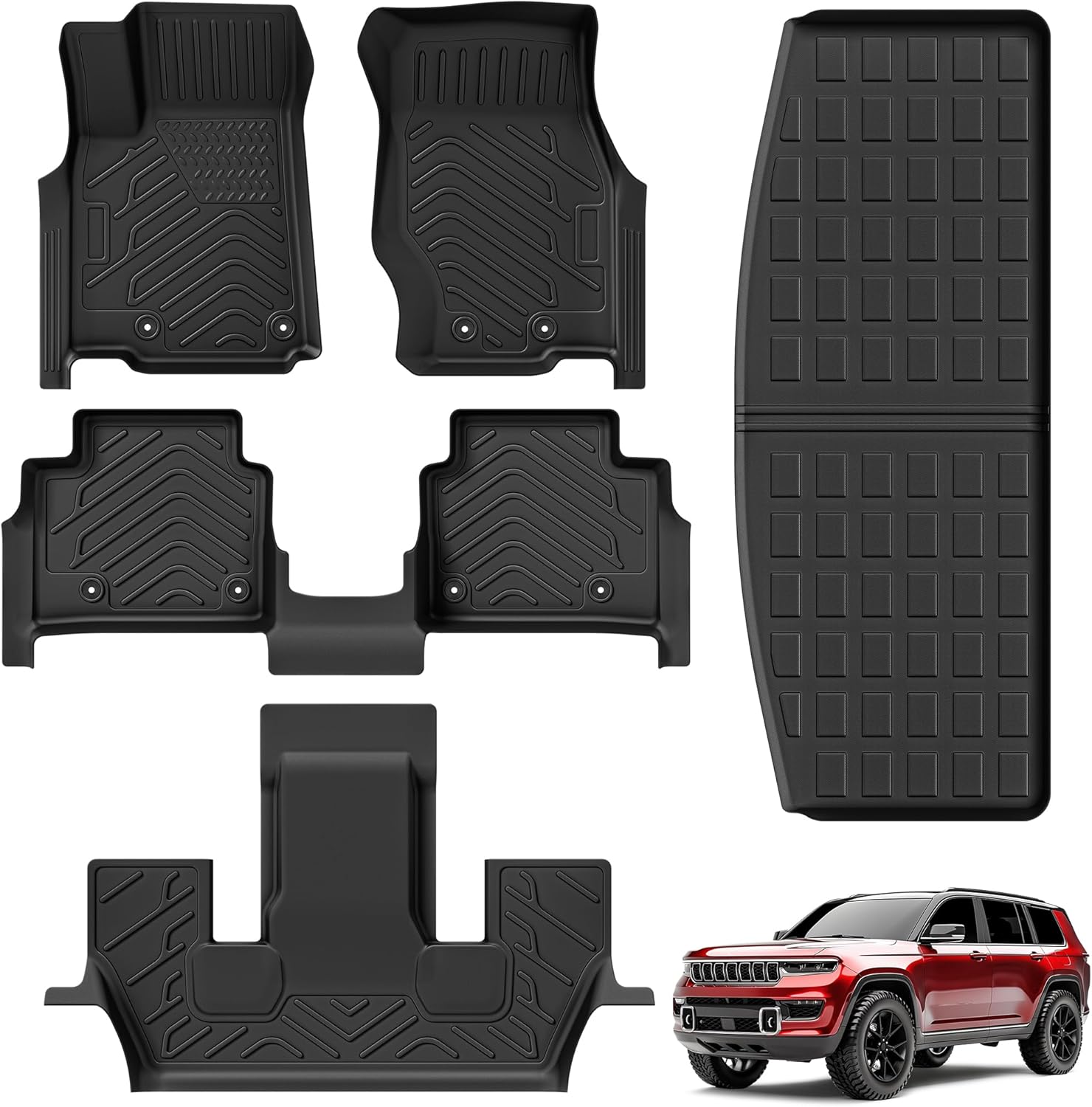 AUTOSAVER88 Floor Mats & Trunk Mats for Jeep Grand Cherokee L 2021-2025, TPE Custom Fit All Weather Protection Floor Liners Cargo Mat Automotive Front Rear Cargo Liners Car Mats Set Accessories, Black