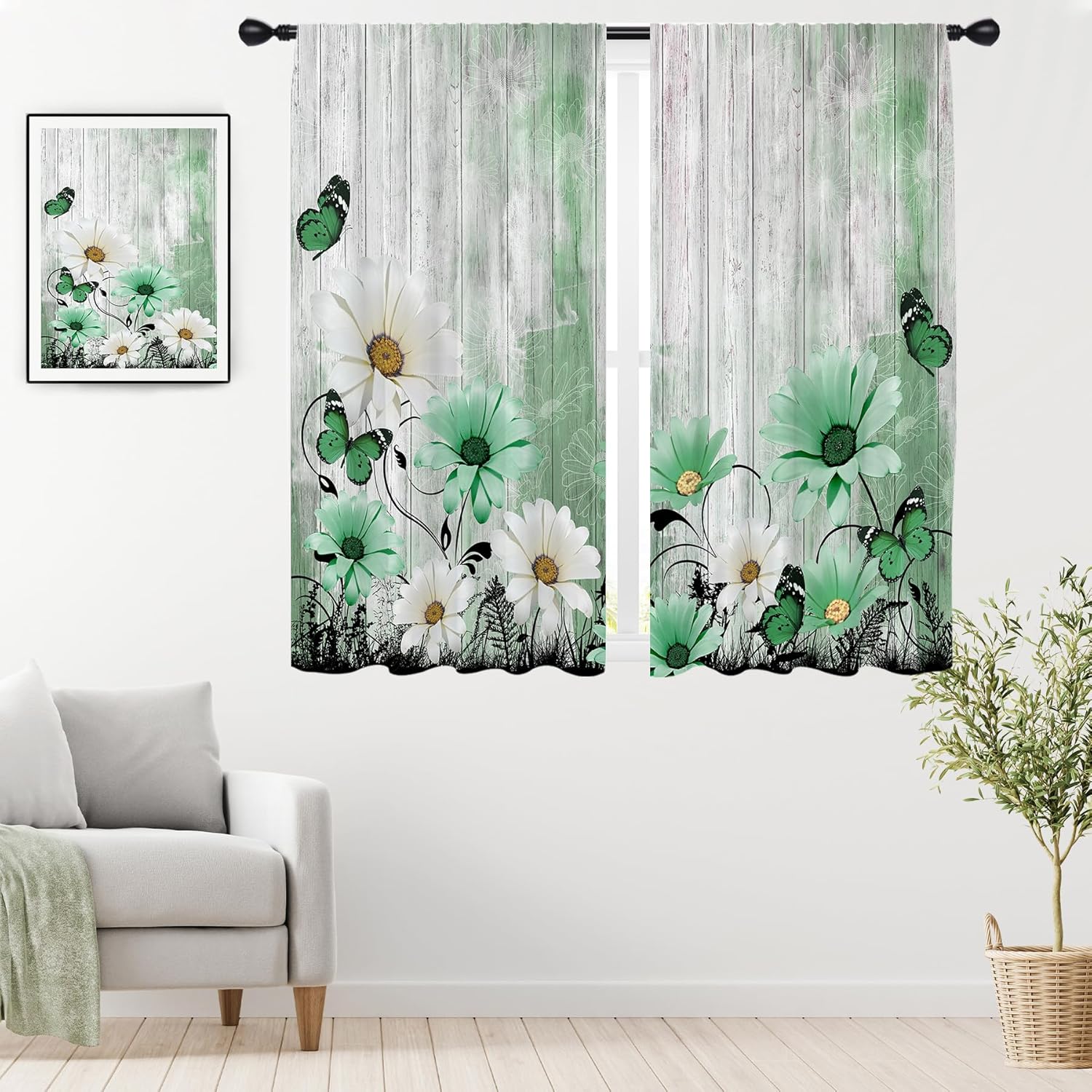 Sage Green Curtains Floral Olive Flower Farmhouse Rustic Vintage Retro Country Daisy Butterfly 42W x 63L Inches Rod Pocket for Bedroom Living Dining Room Window Drapes Treatment Fabric 2 Panels