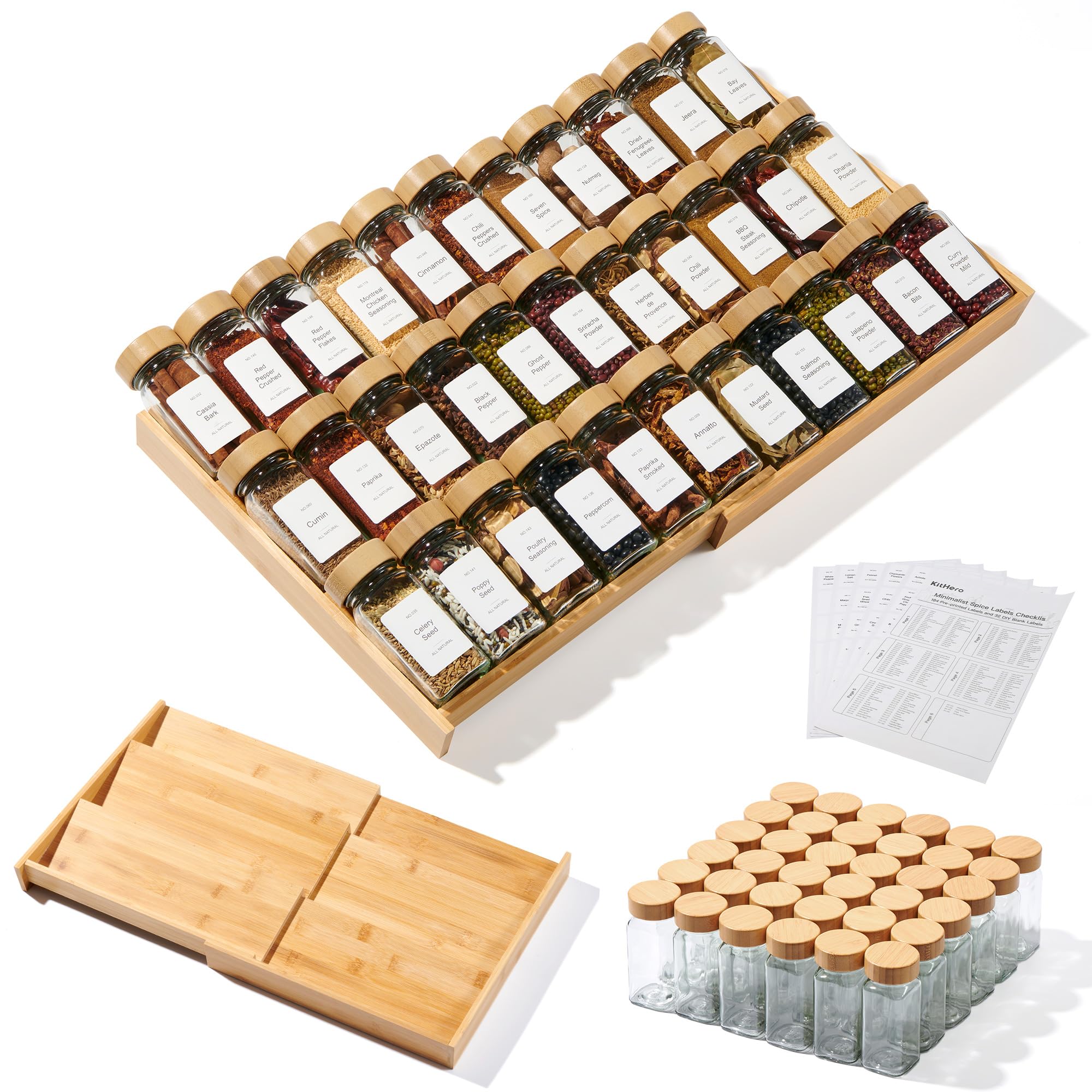 Photo 1 of KitHero 3-Tier Expandable Bamboo Spice Drawer Organizer, Adjustable Width 12" to 21", Kitchen Storage with 36 Glass Jars & Bamboo Lids, 216 Labels, Non-Slip Design for Cabinet & Countertop