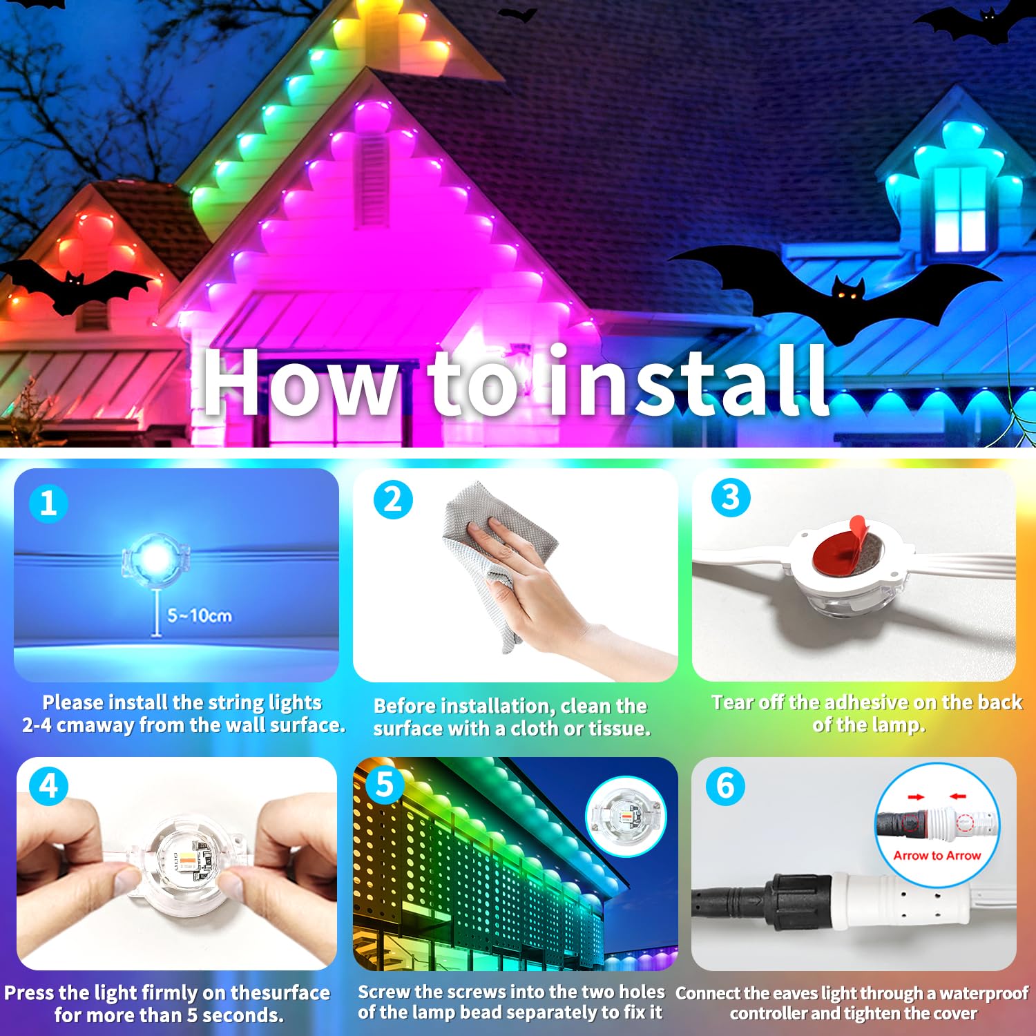 Permanente Außenleuchten für Haus, 60 m, wasserdicht, intelligentes RGB-LED-Dachtrauflicht, permanente Außenleuchten mit App/Fernbedienung, Musik-Synchronisation, für Haus, Halloween, Dach