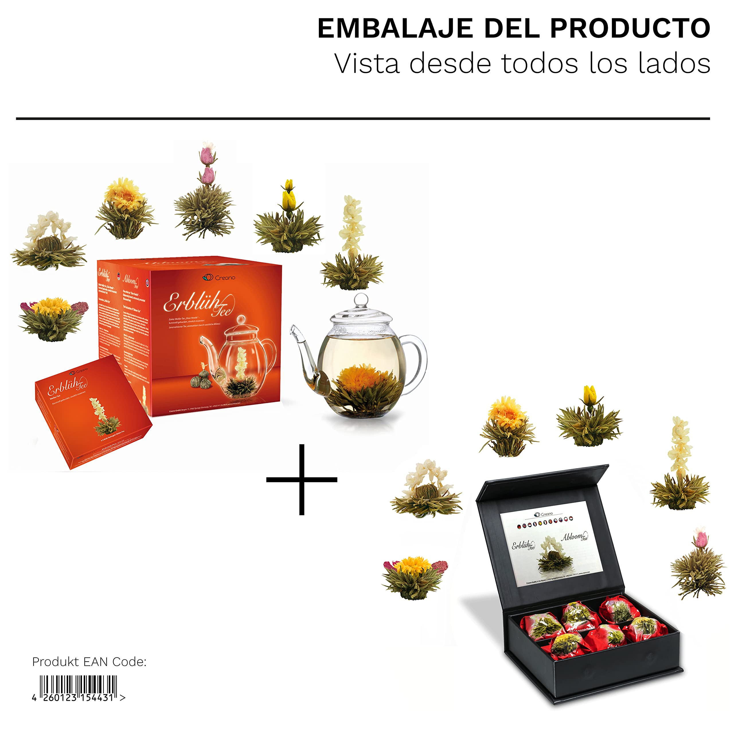 Creano Set Flores de Té Blanco 12 uds Tetera 500ml Antigoteo Cofre Magnético Regalo Mujer Mamá