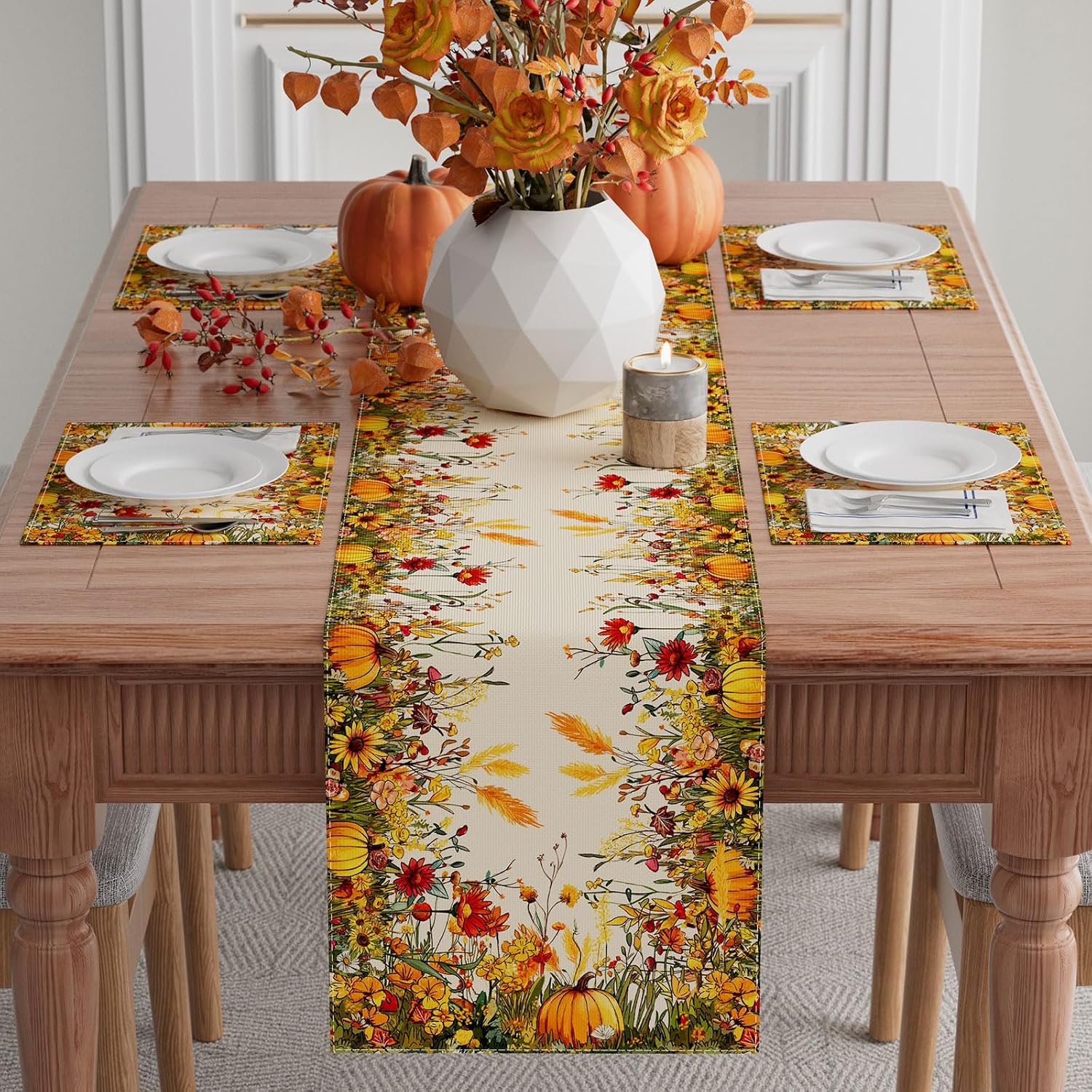 XCHI Fall Wild Flowers Pumpkin Table Runner for Home Decoration 13x72 Inch