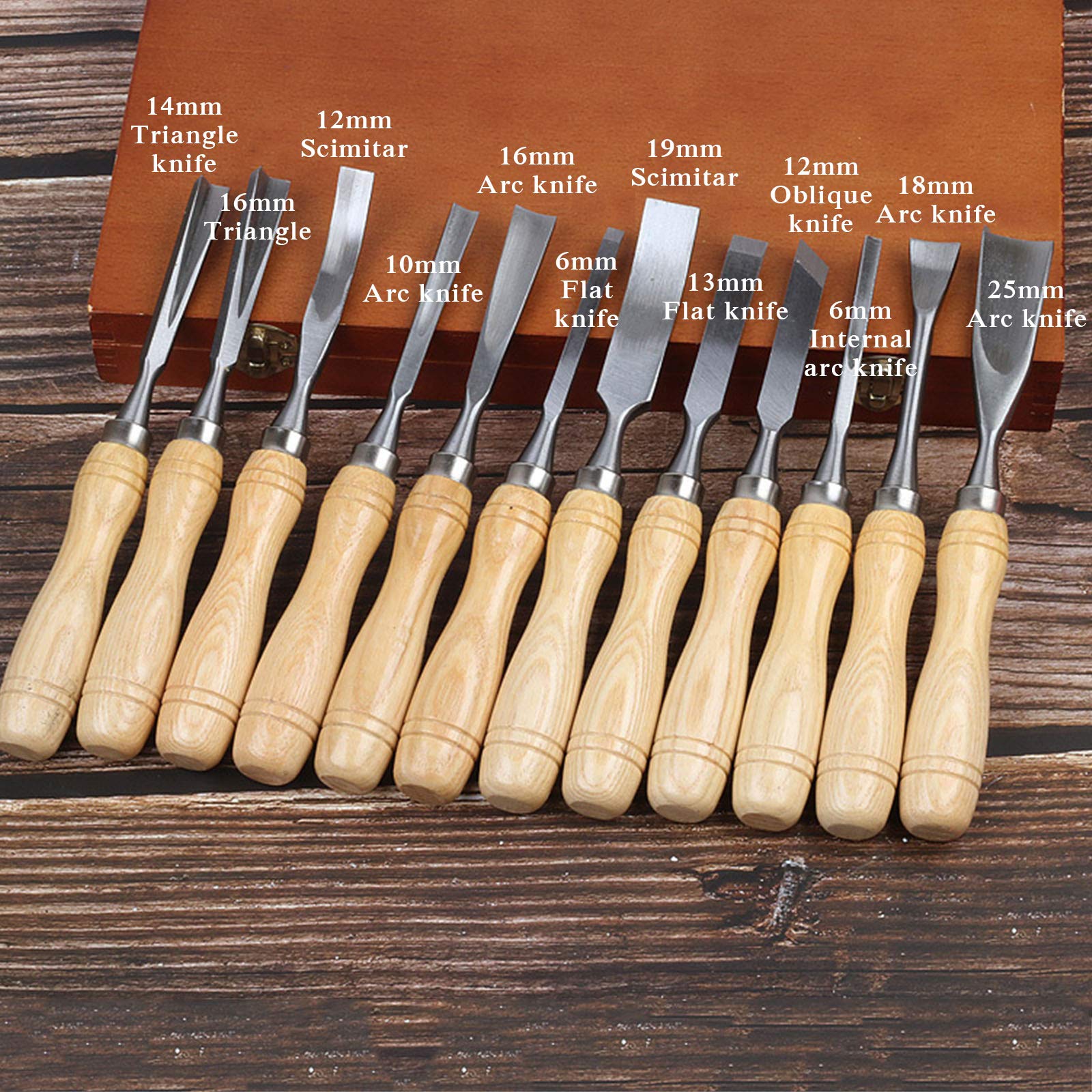 Del mismo tamaño de madera tallando las herramientas conjunto de 12 con la caja de madera - Formones Cinceles Cuchillo de trinchar para principiantes, aficionados y profesionales