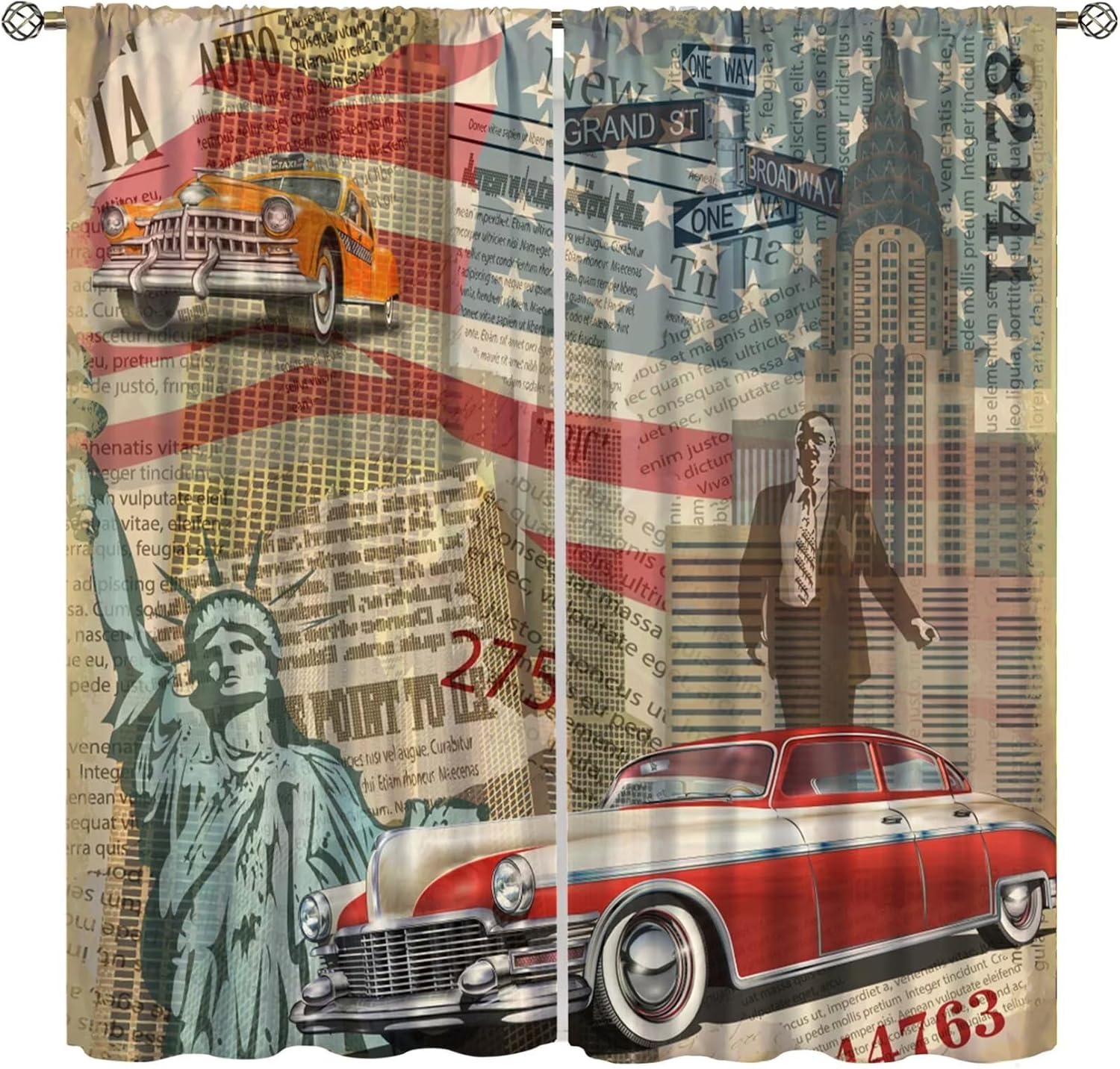 Antique New York Curtain, Retro Car City Vintage Building Style Home Windows Decor Rod Pocket Curtain for Garage Kitchen Cafe Bedroom Living Room Drapes Set 2 Panels,63x63 Inches