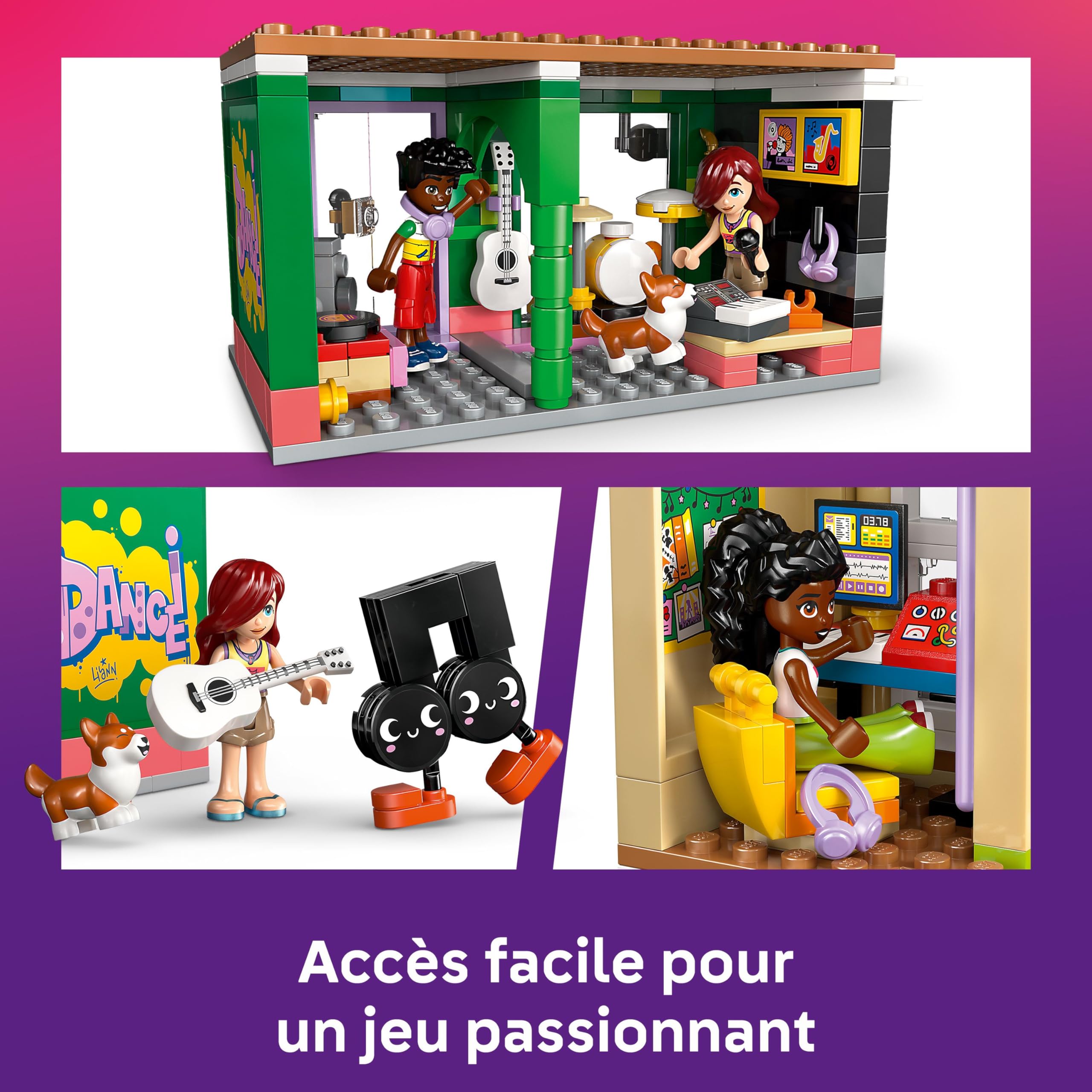 LEGO Friends Le Magasin de Musique et l’Appartement - Jouet Animal pour Fille dès 7 Ans - 3 Mini-Poupées, 1 Figurine de Corgi & Instruments de Musique : Piano, Batterie & Accessoires - Cadeau 42653