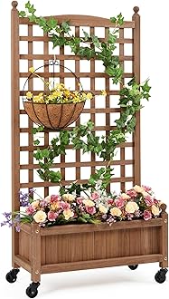 Yaheetech Raised Bed Fir Wood Raised Garden Bed Raised Planter Box for Vine Climbing Plants with Trellis and Wheels for Vegetable Flower Herbs