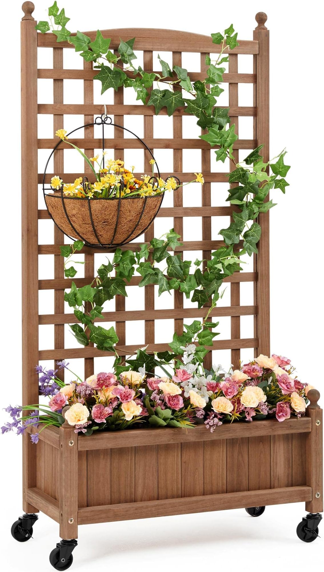 Yaheetech Raised Bed Fir Wood Raised Garden Bed Raised Planter Box for Vine Climbing Plants with Trellis and Wheels for Vegetable Flower Herbs