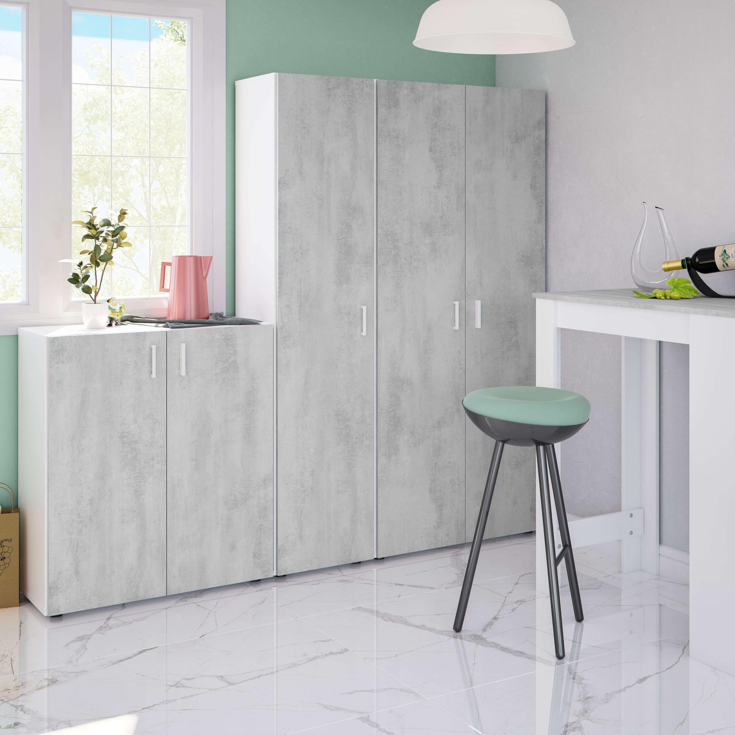 Habitdesign Armoire multifonction 2 portes et 3 étagères, 182 x 80 x 37 cm (H x l x P) Blanc « Artik » et gris ciment