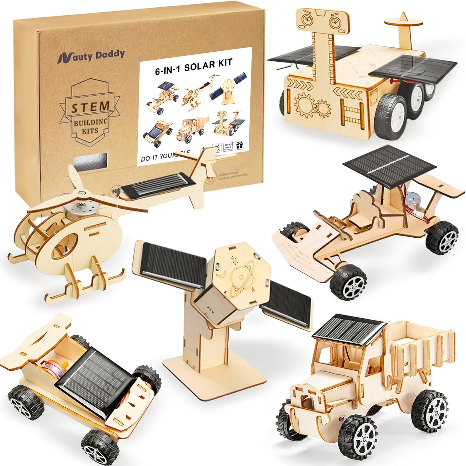 6-in-1 Solar STEM Building Kit, Wooden DIY Construction Set with Satellite, Helicopter, Cars, Educational Science Toy for Kids Ages 6-14 Years