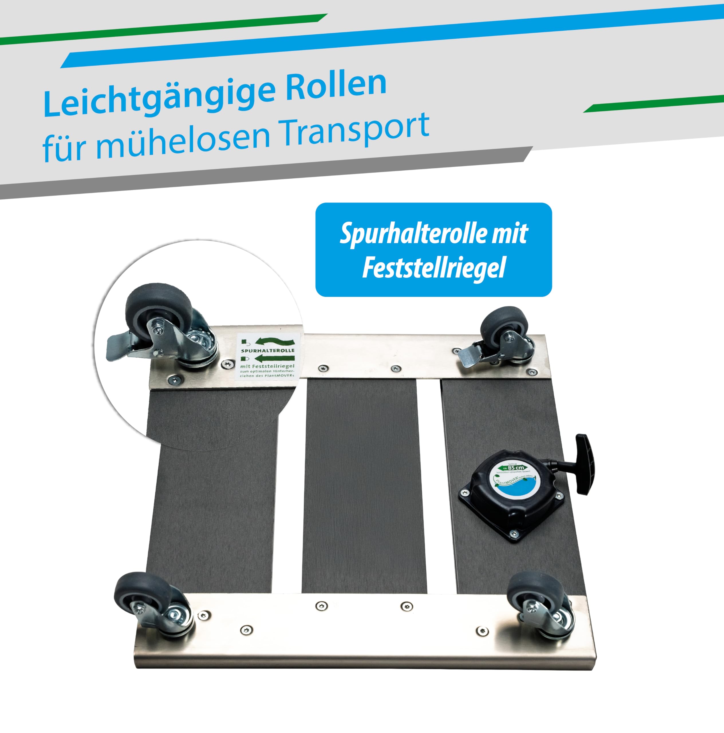 PlantMOVER Pflanzenroller mit Seilzug - 150kg Tragkraft 42x42cm – Edelstahl/WPC Pflanzenroller eckig mit robusten Rollen - Witterungsfestes Rollbrett für Pflanzen - Einfach ziehen, Made in Germany