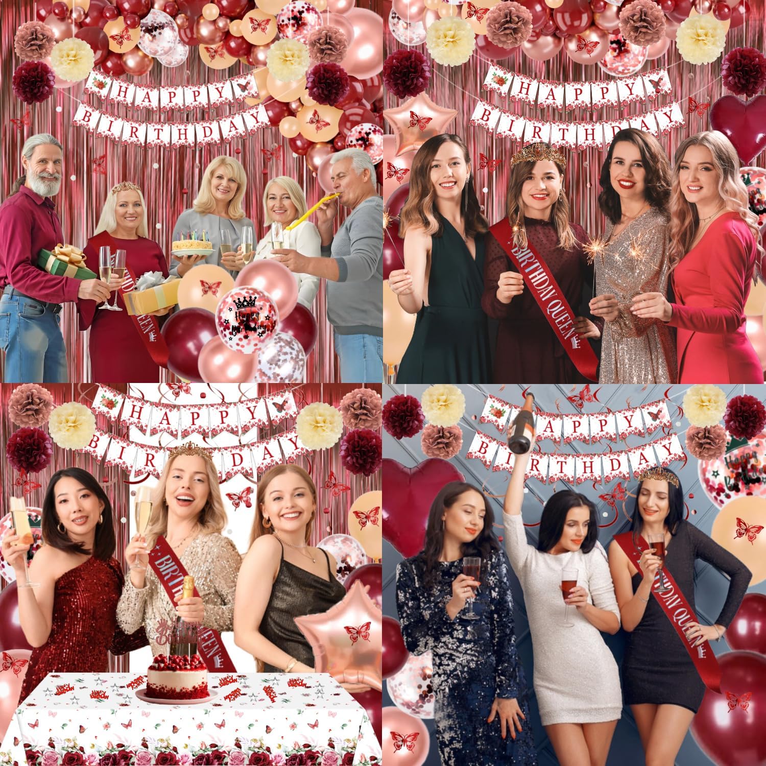 Burgundy Rose Gold Birthday Decorations with Happy Birthday Banner, Balloons, Sash, Crown, Butterfly, Hanging Swirls, Flower Tablecloth, Fringe Curtain, Pompoms for Women Girls Party Backdrop Supplies