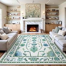 Uphome Green Washable Rugs 8x10, Floral Oushak Rugs for Living Room Bedroom, Non-Slip Soft Turkish Dining Room Rug, Modern Abstract Ultra-Thin Large Carpet for Office Playroom Dorm