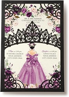 50pcs Quinceañera Invitations with Pearlized Black Laser Cut Crown|Purple Floral Birthday Invites for Sweet 16/Miss XV |Personalized Invitation Cards with Elegant Princess Dress Design