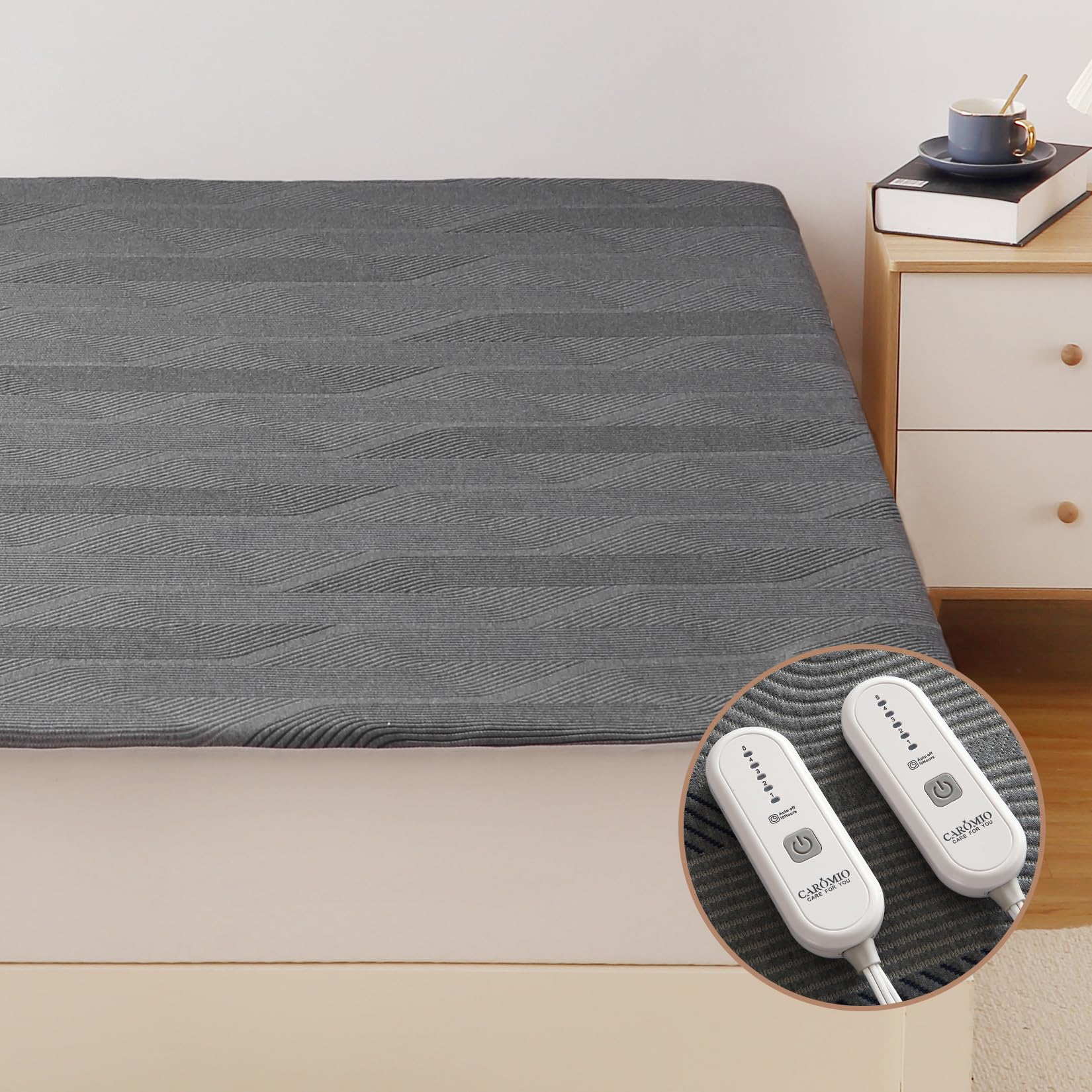 CAROMIO Heated Mattress Pad Queen Size Dual Control, 5 Heat Settings Electric Mattress Pad with 10-Hour Auto Shut-Off, Deep Pocket Queen Heating Mattress Pad with ETL Certification, 60"x80" Grey