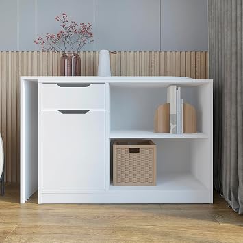 Komto White L Shaped Desk with Storage – 360° Rotating Computer Corner Desk with Drawers and Shelves for Home Office, Work, Study and Gaming | Foldy 164 x 106 x 74,4 cm