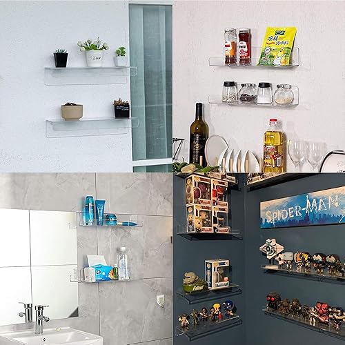 Miniatura 7 de Voittozege Paquete de 12 estantes flotantes acrílicos de 15 pulgadas, estantes acrílicos transparentes, espaciosos estantes transparentes con kit de