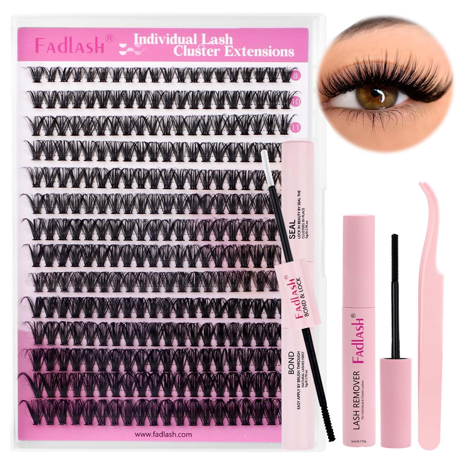 FADLASH DIY Lash Extension Kit Individual Lash Clusters with Lash Bond and Seal Clusters Lash Glue Remover and Eyelash Tweezers for Beginners (40D-0.07D, 8-16mm, Kit)