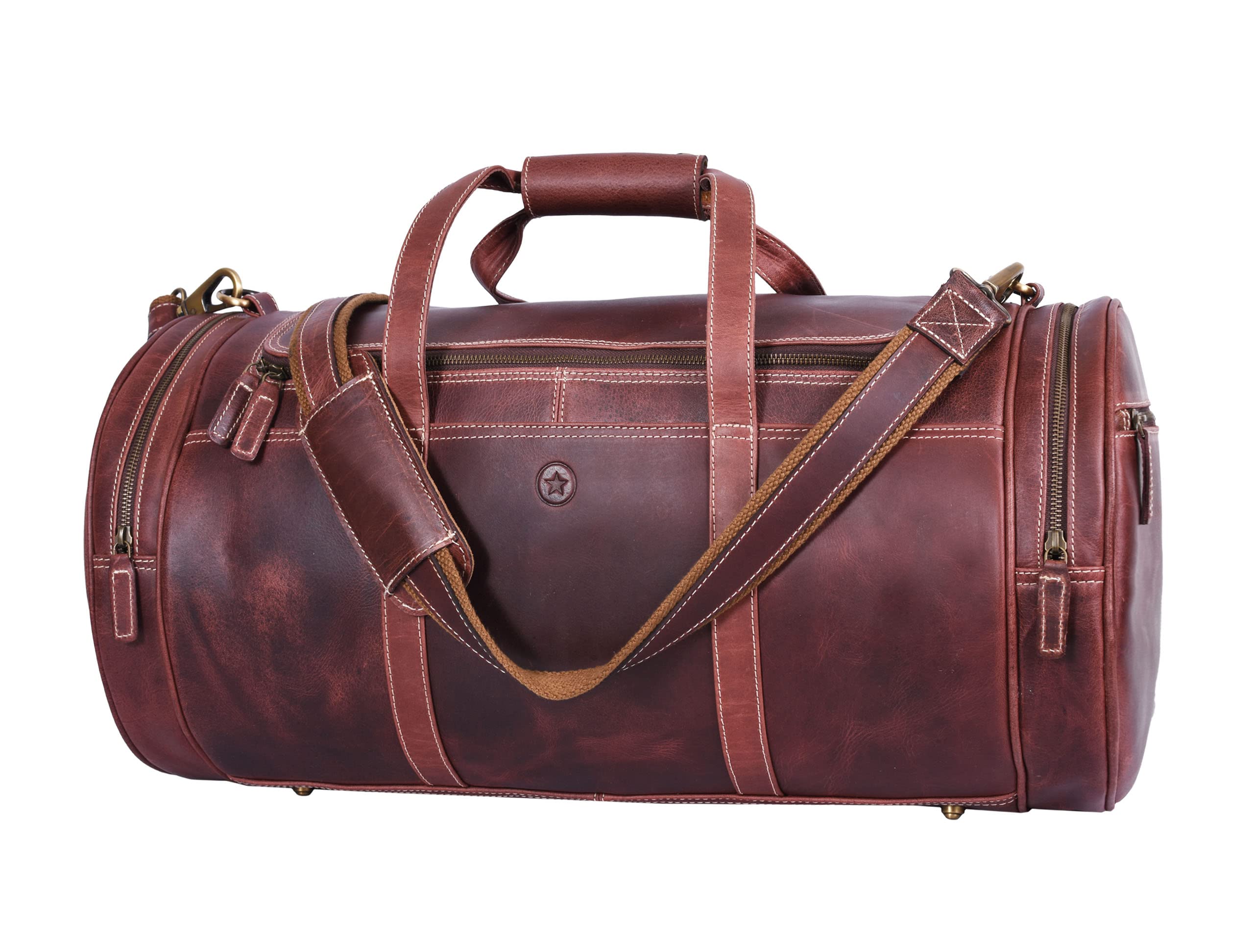 Full Grain Leather Travel Duffle Barrel Bag With Adjustable Straps | Large Compartment & Zippered Side Pockets Weekend Overnight Bag (Walnut, 20 Inch)