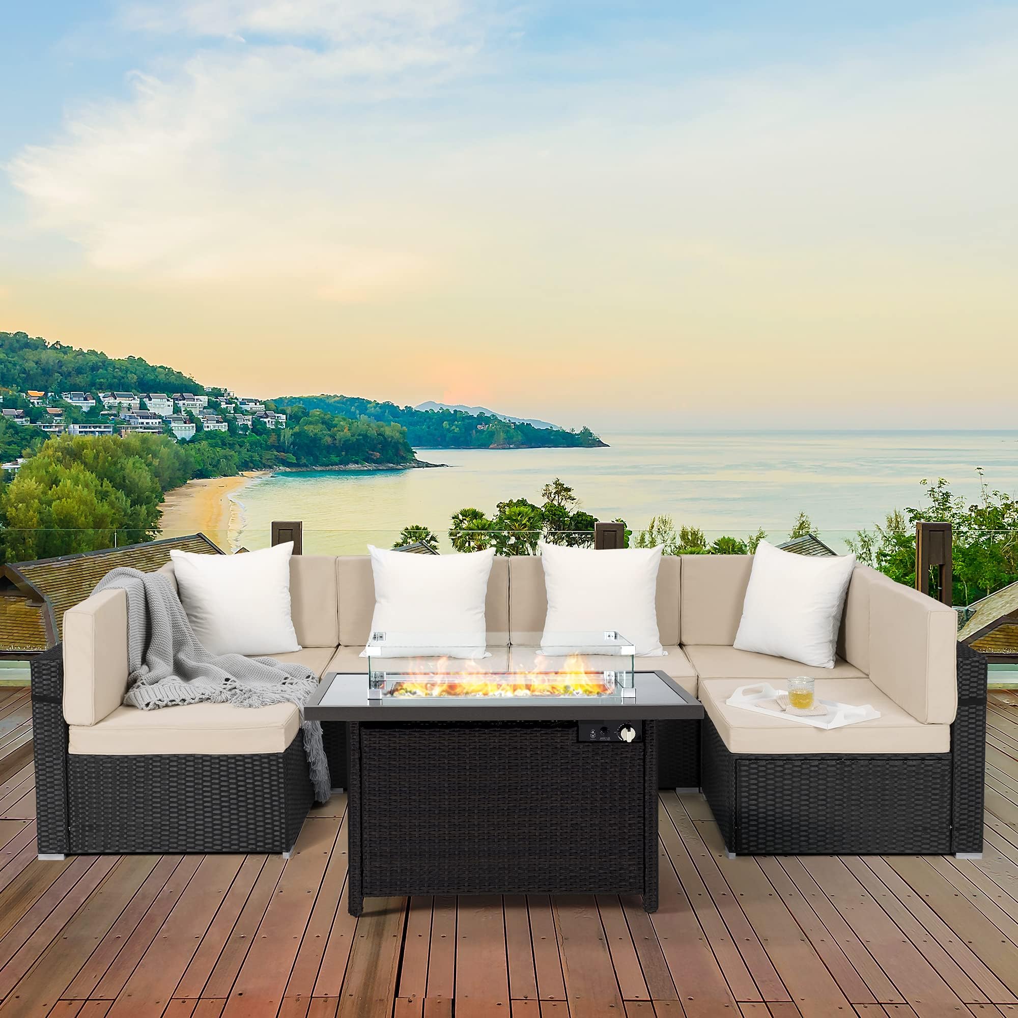 Pamapic 7 Pieces Patio Conversation Sets with fire Pit, Patio Furniture Sectional Sofa with Gas Fire Pit Table(Black Wicker,Cream Cushions)