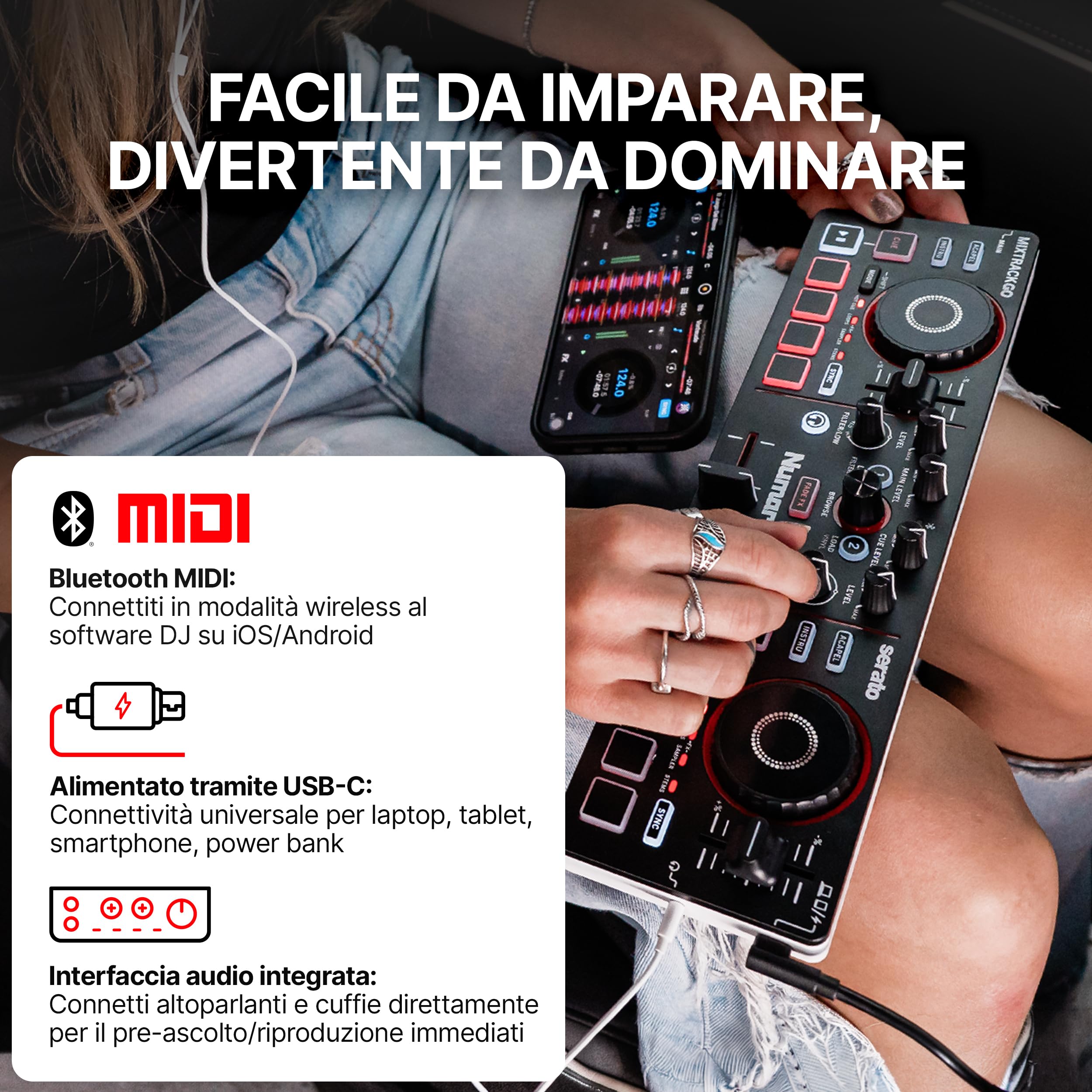 Numark Mixtrack Go Controller DJ Bluetooth Compatto con Stems Control | Mixer DJ 2 deck, principianti e DJ mobili, Smart Fader, USB-C, Serato DJ Lite e Algoriddim djay inclusi, Gen 4