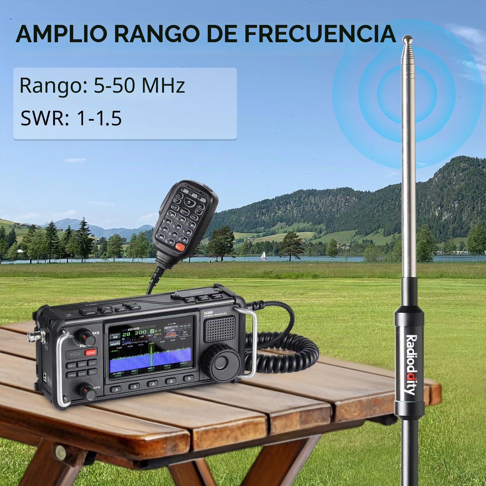 Radioddity HF-009 Antena HF portátil, antena vertical de ajuste rápido de 5-50 MHz, SWR 1.0-1.5, compatible con Xiegu G90/X6100/X6200, Radioddity QT40/QT60/QT80, para transceptores HF y radios móviles
