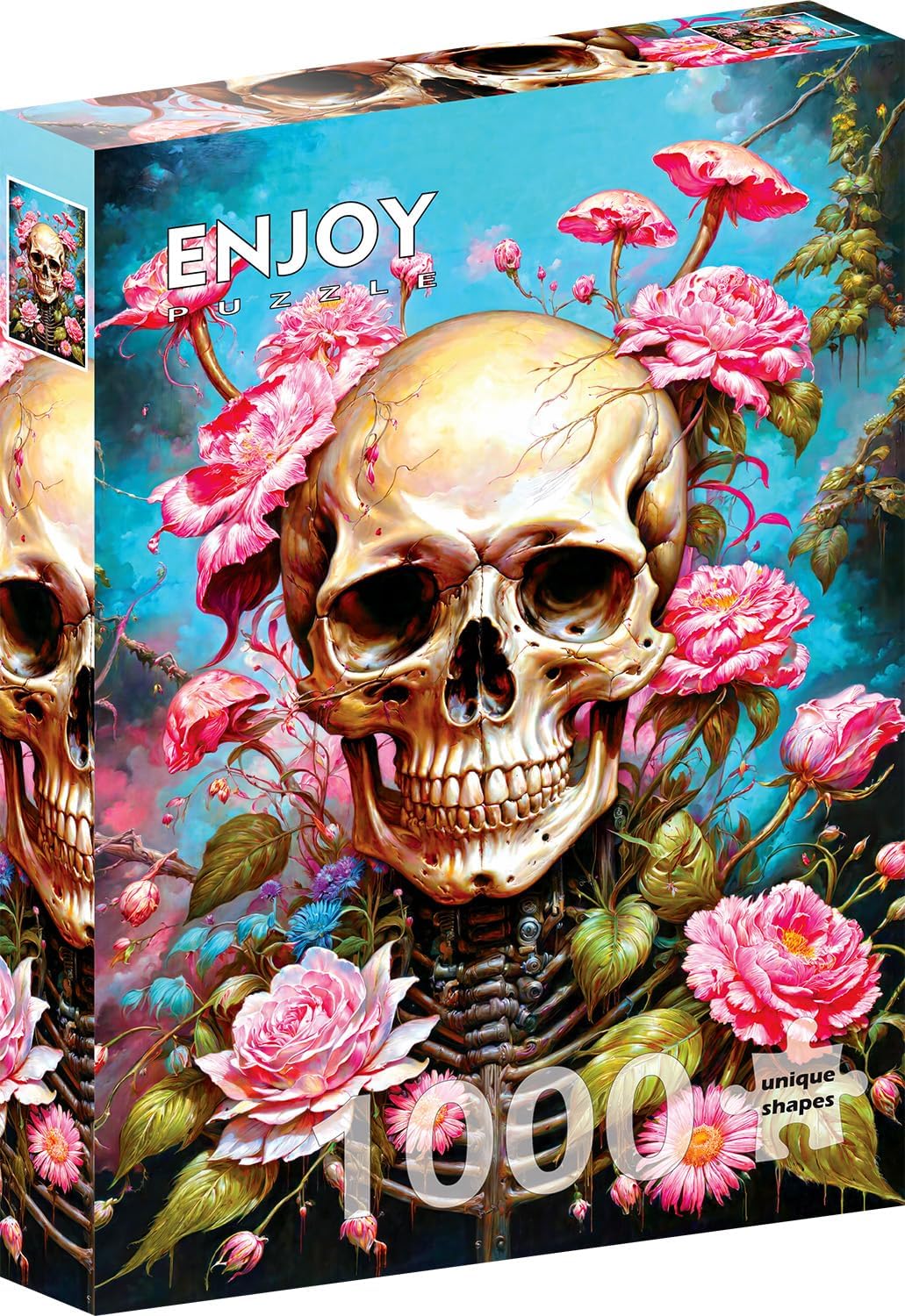 1000 Pieces Jigsaw Puzzle for Adults – Matte Finish, Soft Touch, Easy to Assemble, Tight Fit, Vivid Colors, Missing Pieces Service – Skull Skeleton in Pink Roses Flower Garden by ENJOY Puzzle