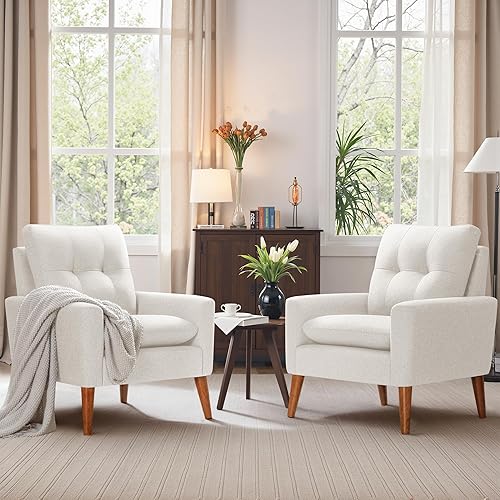 JUMMICO Mid Century Accent Chair, Fabric Modern Reading Living Room Chair, Fluffy Comfy Armchair Small Sofa Chair with Wood Legs for Bedroom Office Cafe (Beige, Set of 2)