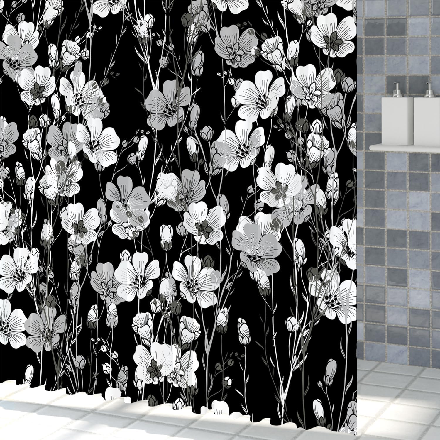 Black White Flowers Shower Curtain Vintage Plant Abstract Watercolor Floral Bath Curtain Boho Dark Botanical Flowers Bathroom Polyester Fabric Curtains with Hooks 72x78 inch