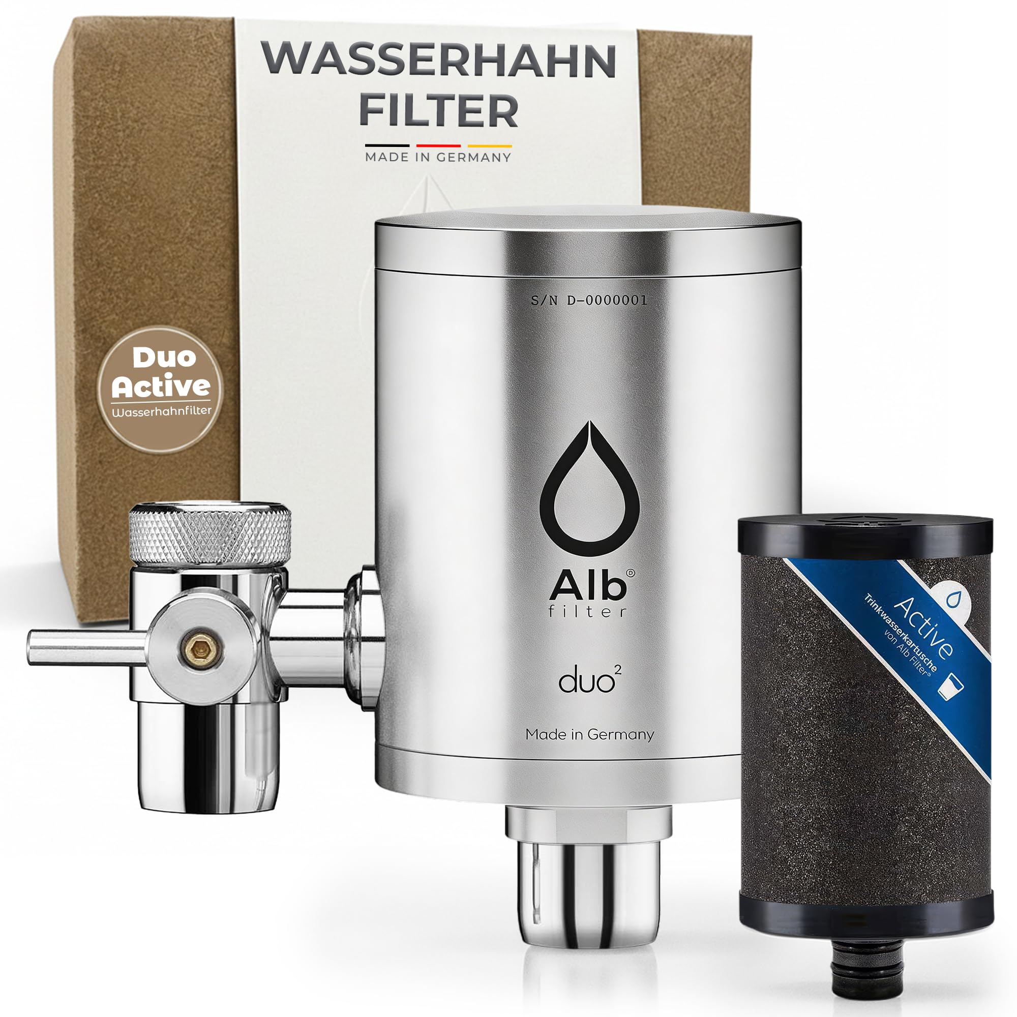 Alb Filter Duo Active Trinkwasserfilter Edelstahl Natur – Wasserfilter Wasserhahn für sauberes Trinkwasser – Filtration von Schadstoffen, Mikroplastik, Chlor & mehr – Filtersystem Made in Germany