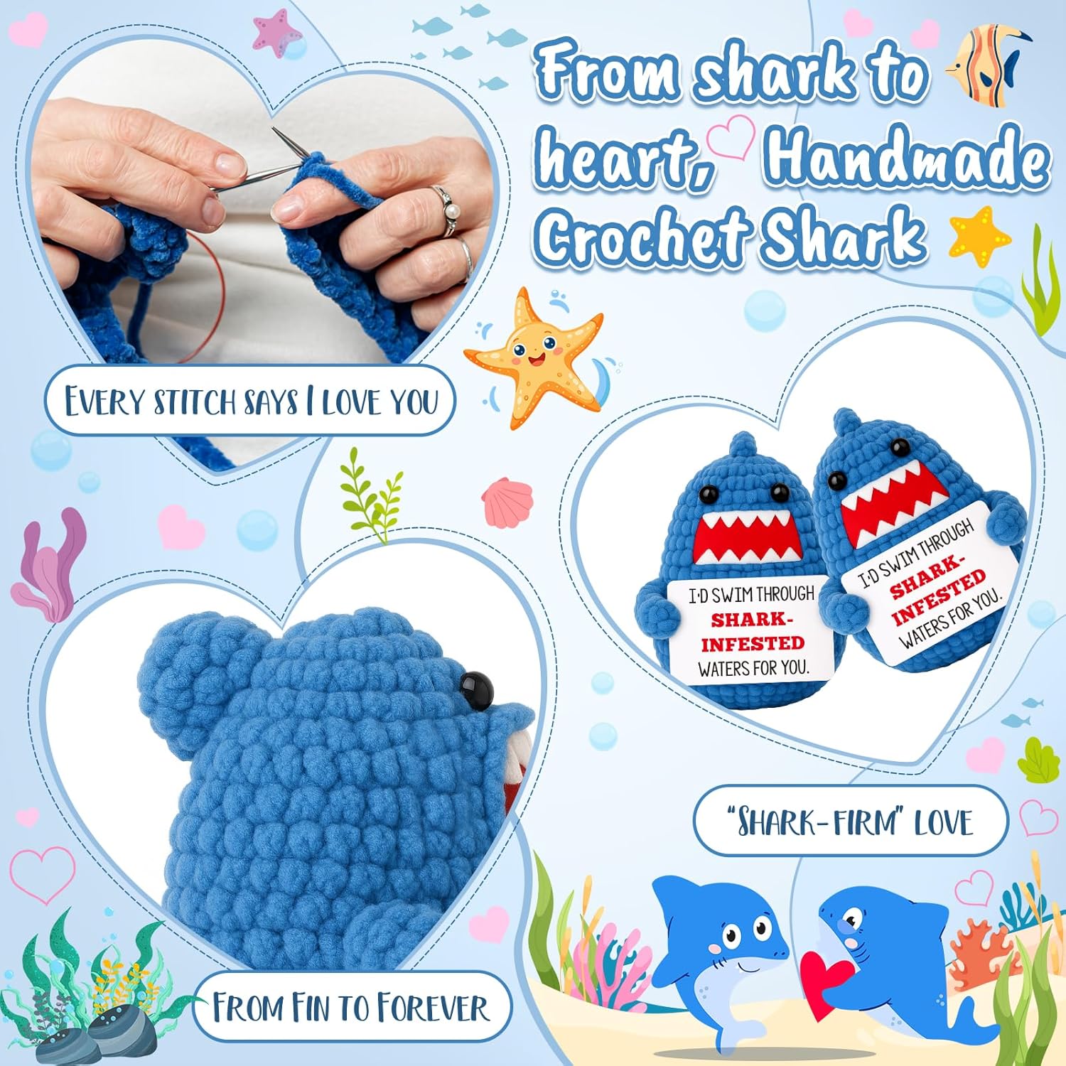 I Love You Valentines Birthday Gifts for Boyfriend Girlfriend Him Her Anniversary Romantic Valentines Day Cards Gifts for Men Women Husband Wife Handmade Crochet Shark Valentines Basket Cute Decor - Image 3