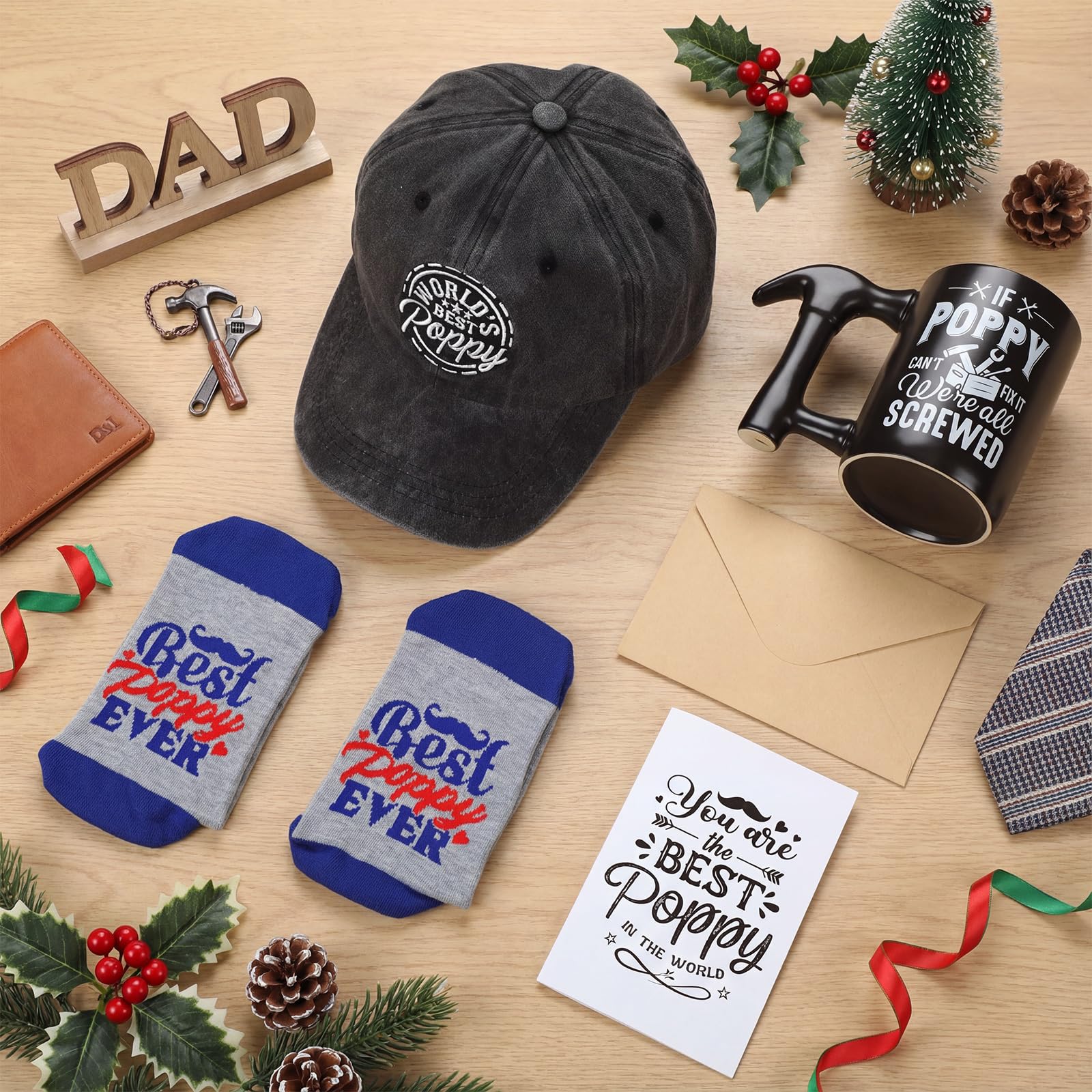 Bonuci 5 Pcs Poppy Gifts Set for Father's Day Christmas Include World's Best Poppy Embroidered Cap Crew Socks Coffee Mug with Hammer Handle Cards with Envelope Gifts Ideas for Father Dad Grandpa